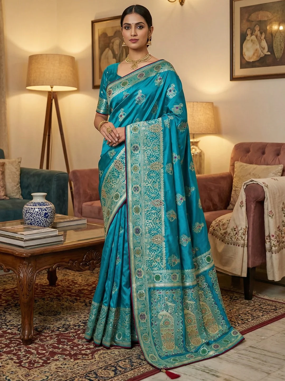Classic Peacock Blue Satin Saree Enhanced By Fine Weaving Craft & Sophisticated Stone Work