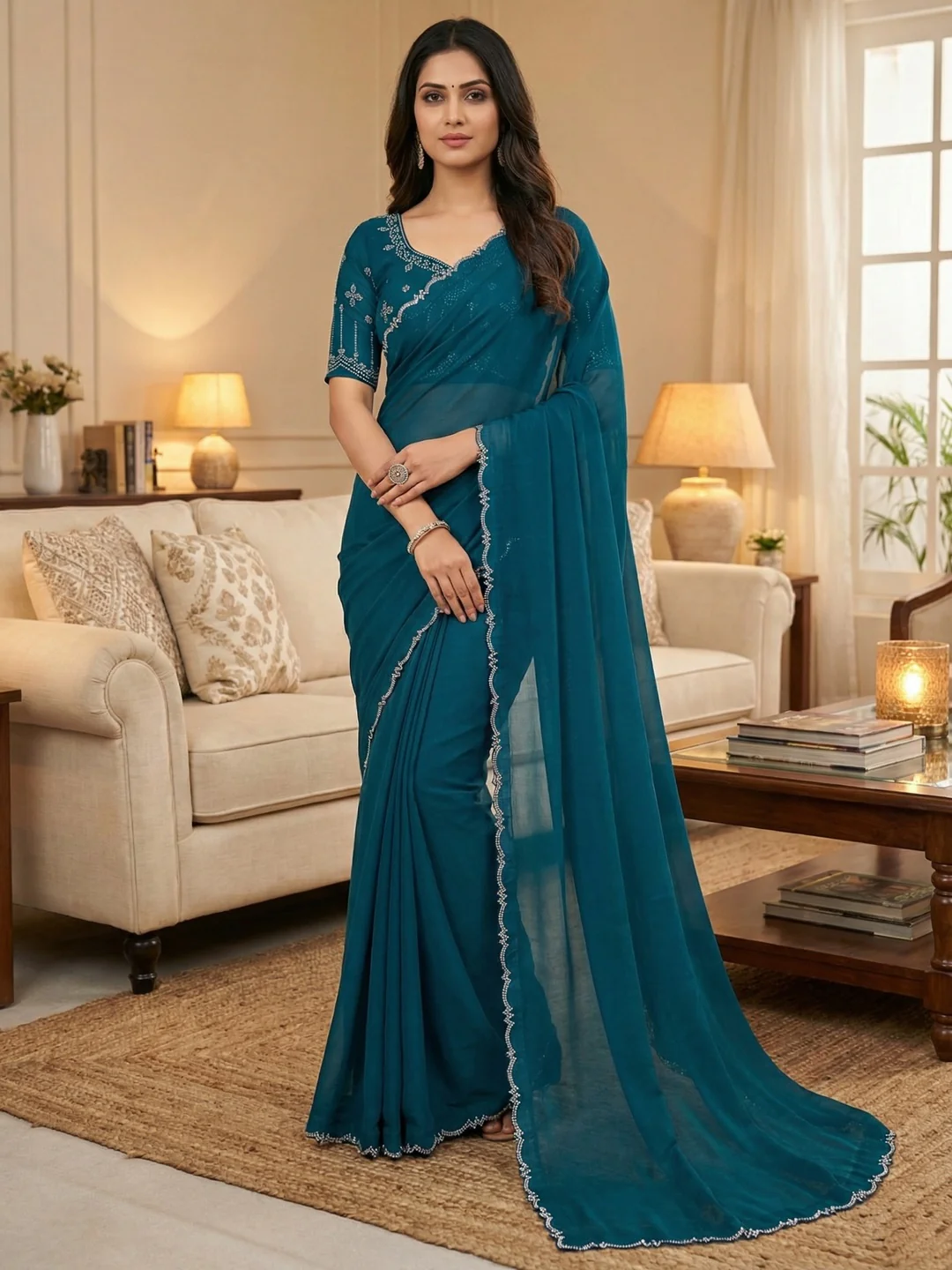 Classic Peacock Blue Solid Chiffon Saree Featuring Subtle Stone Work Border Detailing