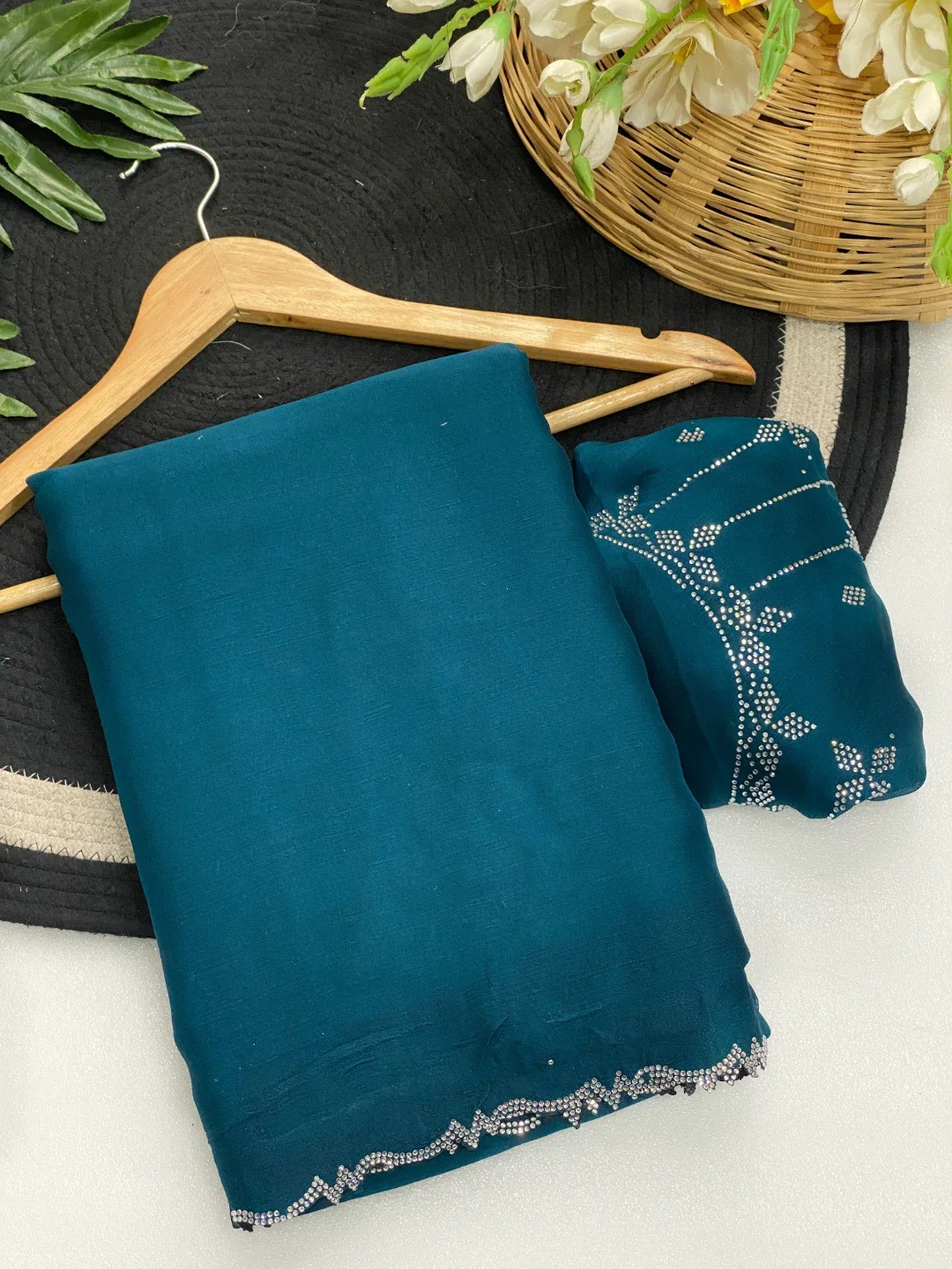 Classic Peacock Blue Solid Chiffon Saree Featuring Subtle Stone Work Border Detailing - Image 3