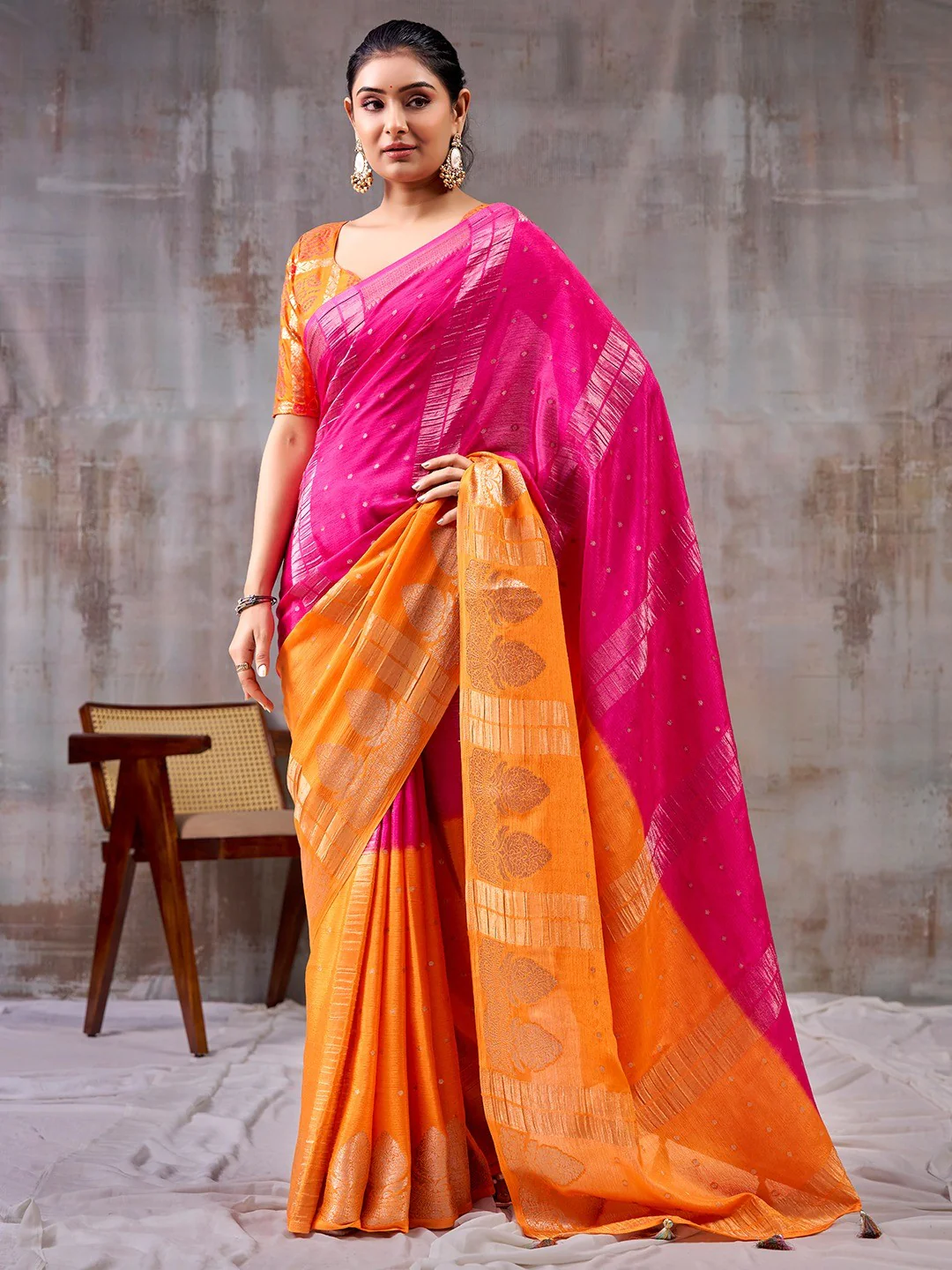 Classic Pink And Orange Floral Weaving Jacquard Chinon Half & Half Saree With Timeless Charm