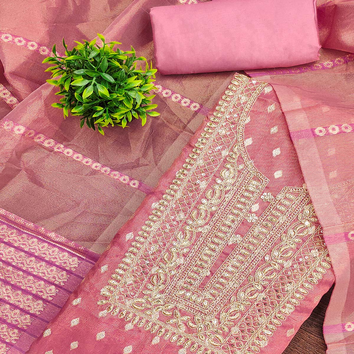 Classic Pink Butti Weaving Shimmer Dress Material Enhanced With Sequins Cording Embroidery - Image 2