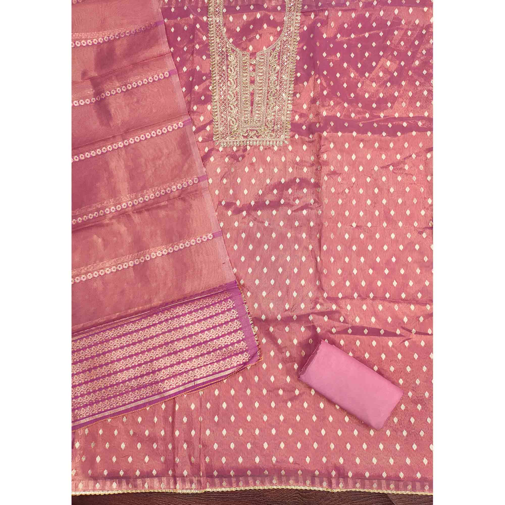 Classic Pink Butti Weaving Shimmer Dress Material Enhanced With Sequins Cording Embroidery - Image 3