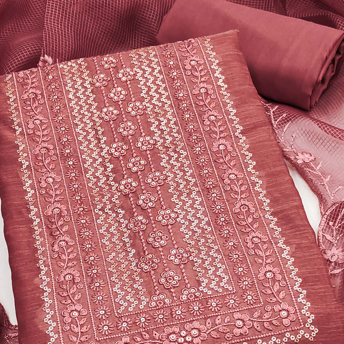 Classic Pink Chanderi Silk Dress Material With Exquisite Floral Sequins Embroidery - Image 2