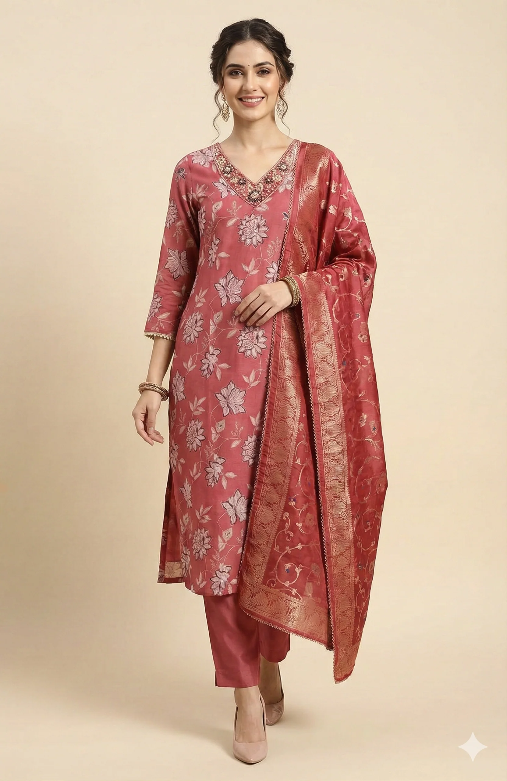 Classic Pink Floral Printed Mul Chanderi Straight Cut Salwar Suit for Ethnic Styling