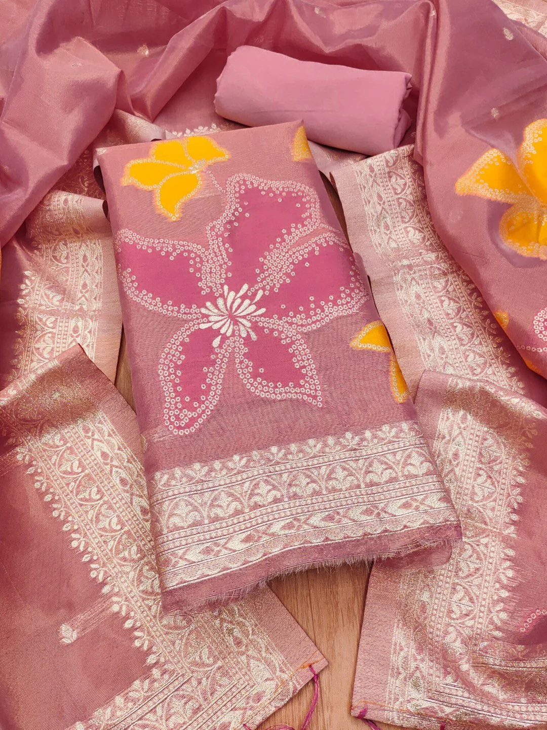 Classic Pink Floral Weaving Work Tissue Shimmer Jacquard Dress Material For Timeless Styling - Image 5