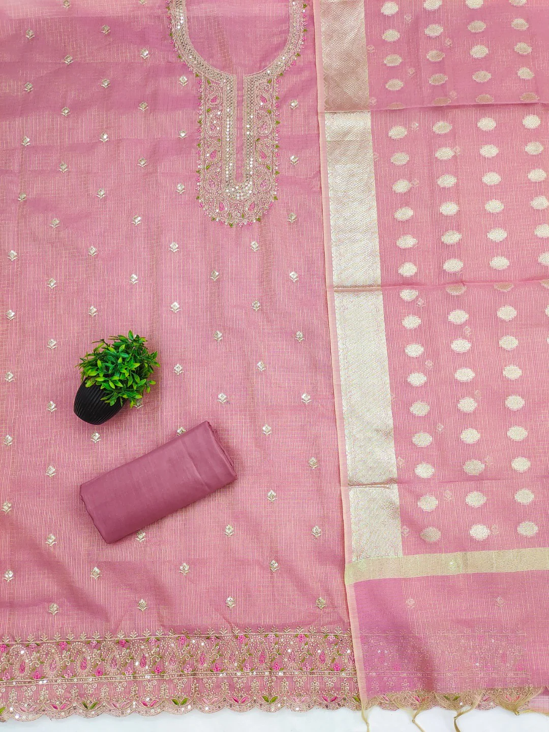 Classic Pink Kota Doria Banarasi Dress Material Embellished With Floral Sequins Embroidery Work - Image 3
