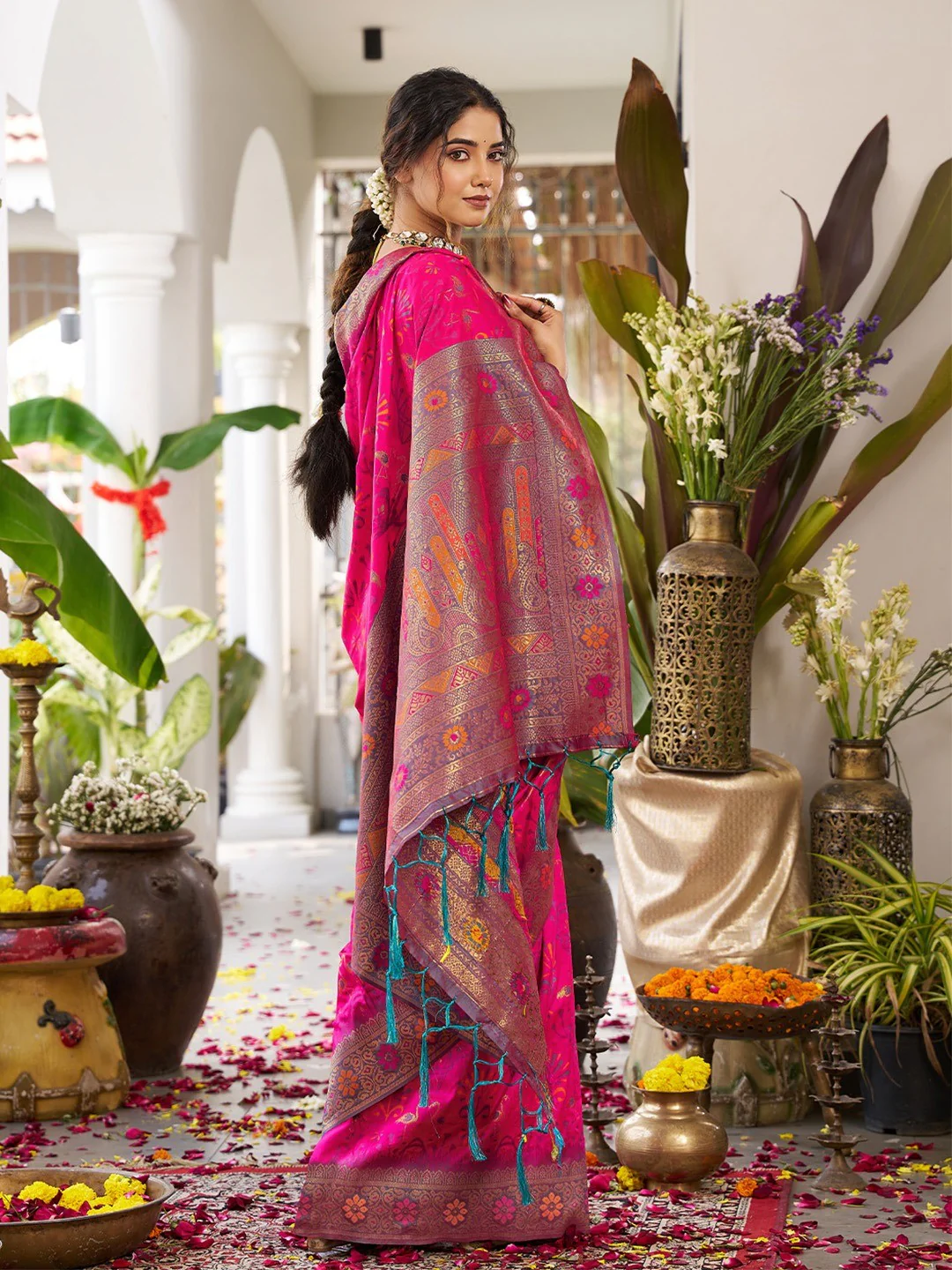 Classic Pink Soft Silk Blend Saree Enhanced With Traditional Floral Weaving & Tassel Pallu - Image 4