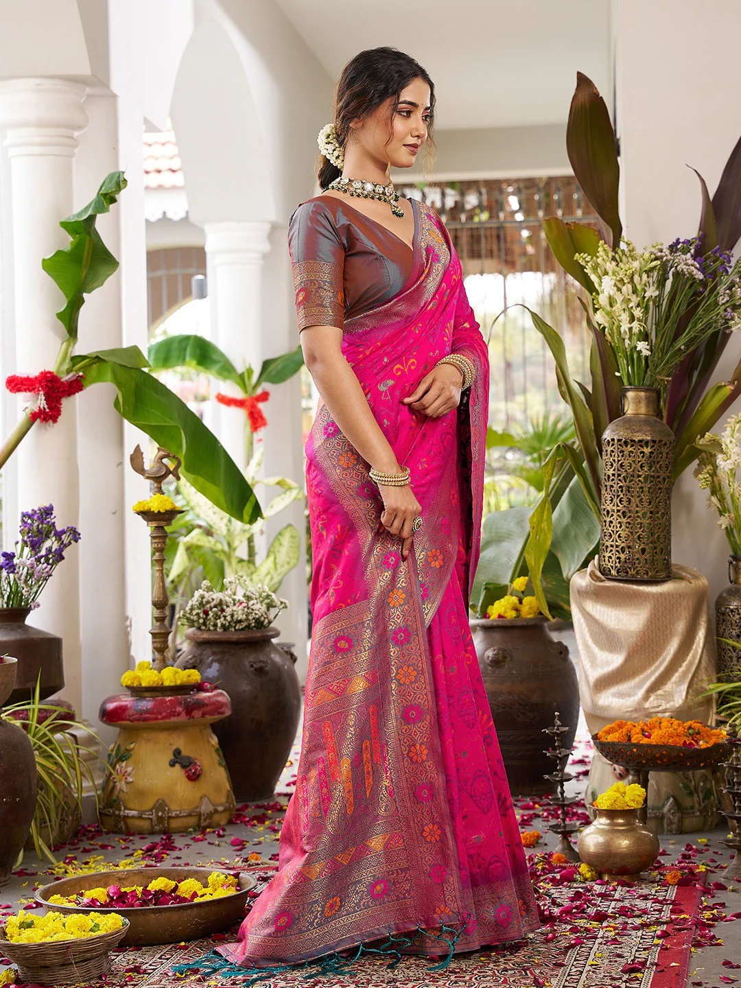 Classic Pink Soft Silk Blend Saree Enhanced With Traditional Floral Weaving & Tassel Pallu - Image 6
