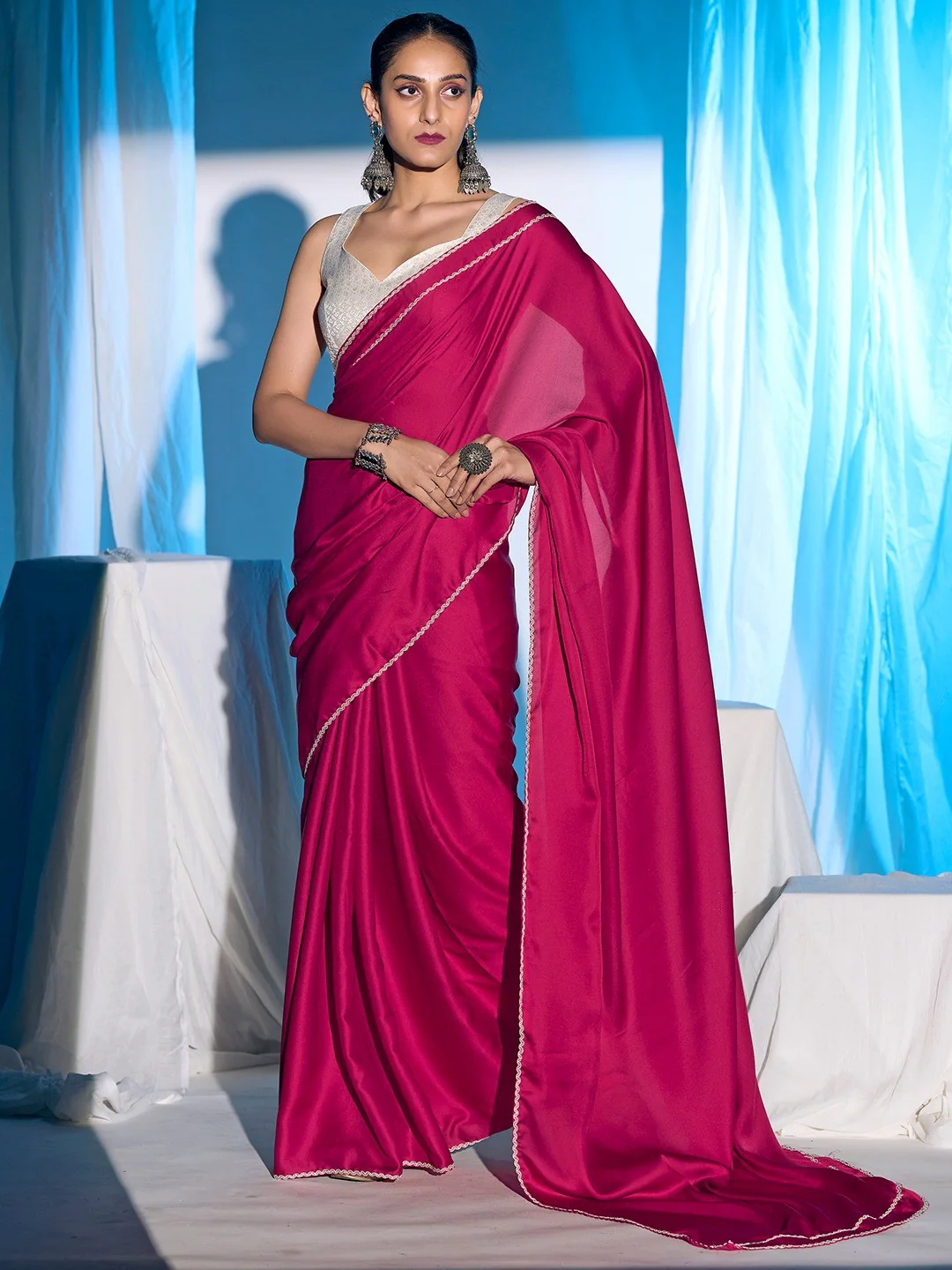 Classic Pink Solid Satin Silk Saree With Embroidered Lace Border Finish