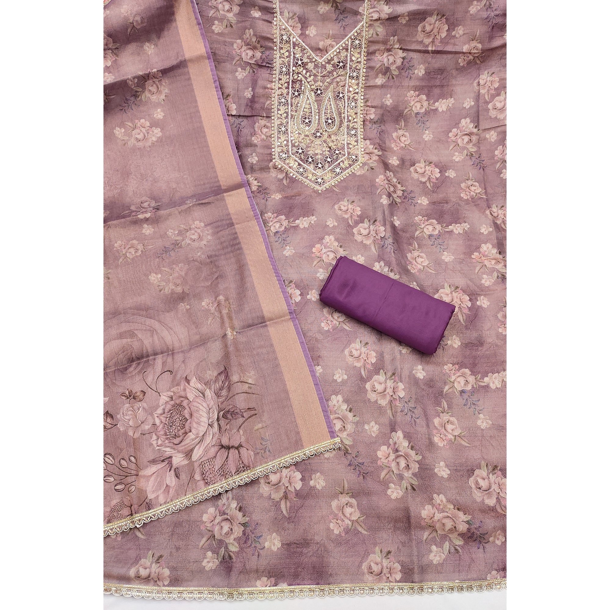Classic Purple Floral Digital Printed Viscose Dress Material With Sequins Embroidery & Moti Handwork - Image 4