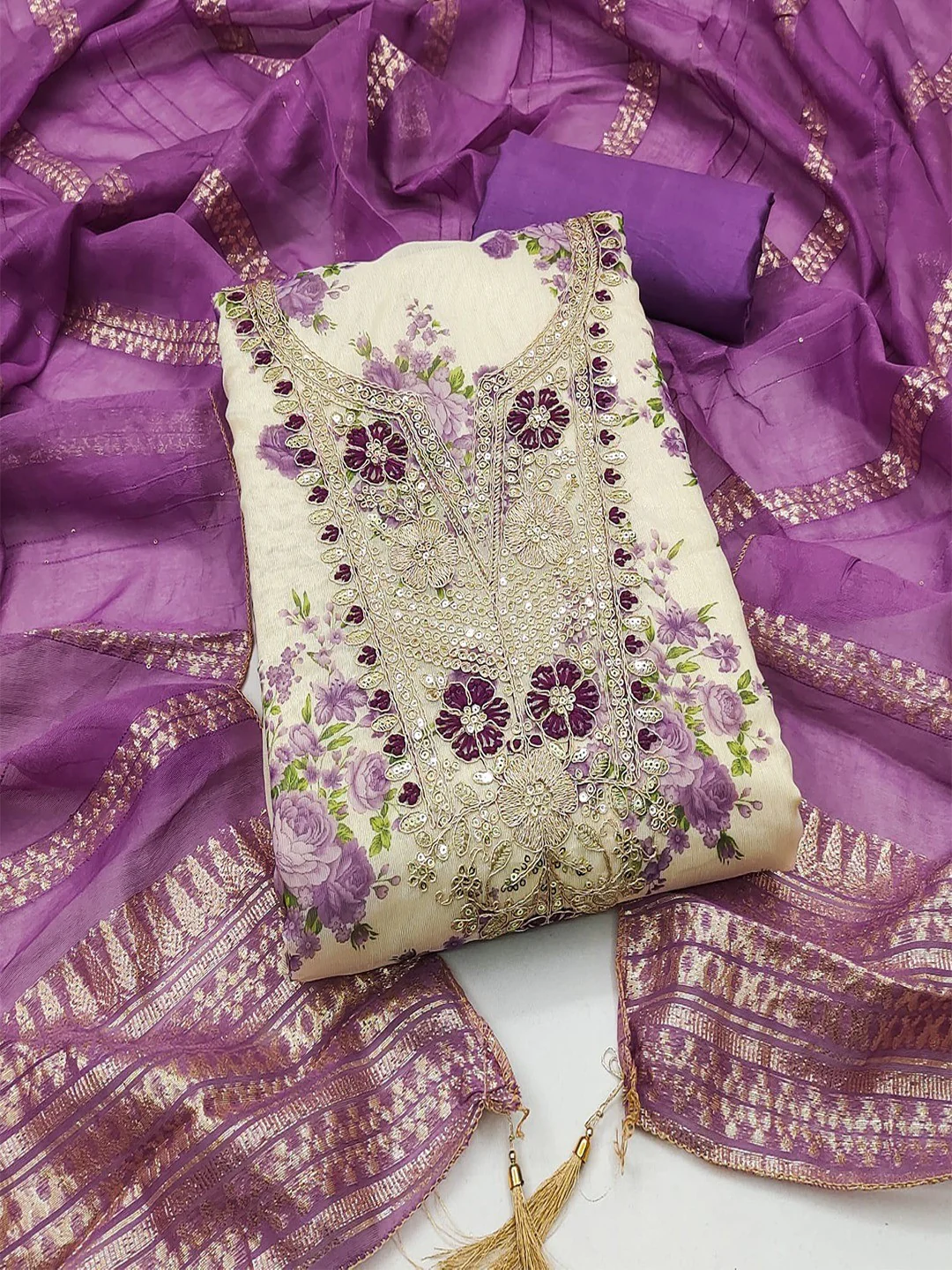 Classic Purple Floral Printed With Cording Embroidered Shimmer Dress Material - Image 3