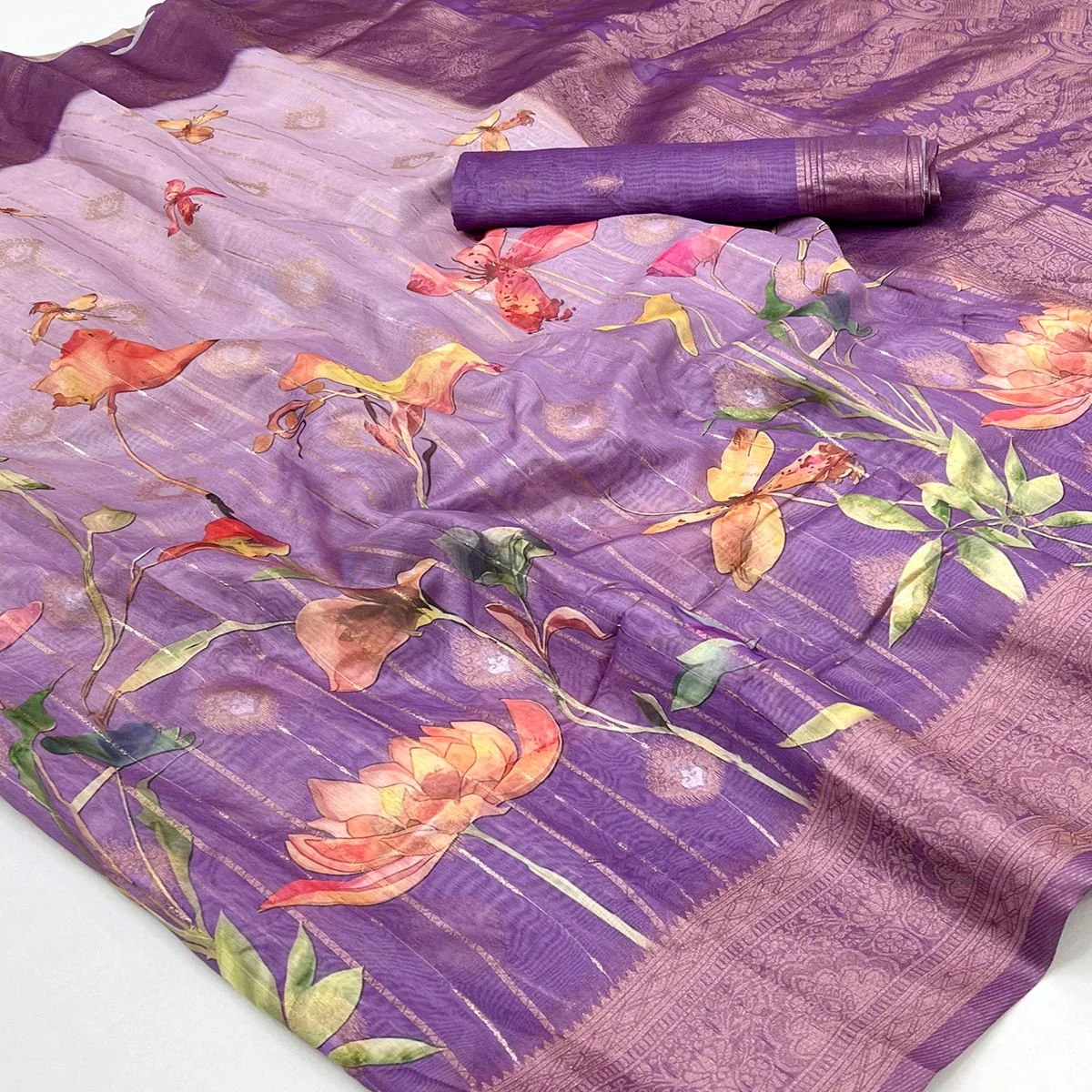 Classic Purple Floral Weaving & Digital Print Silk Blend Saree Accented With Tassel Pallu - Image 2