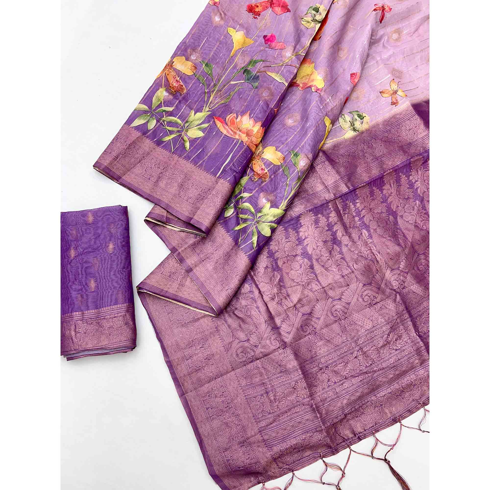 Classic Purple Floral Weaving & Digital Print Silk Blend Saree Accented With Tassel Pallu - Image 3