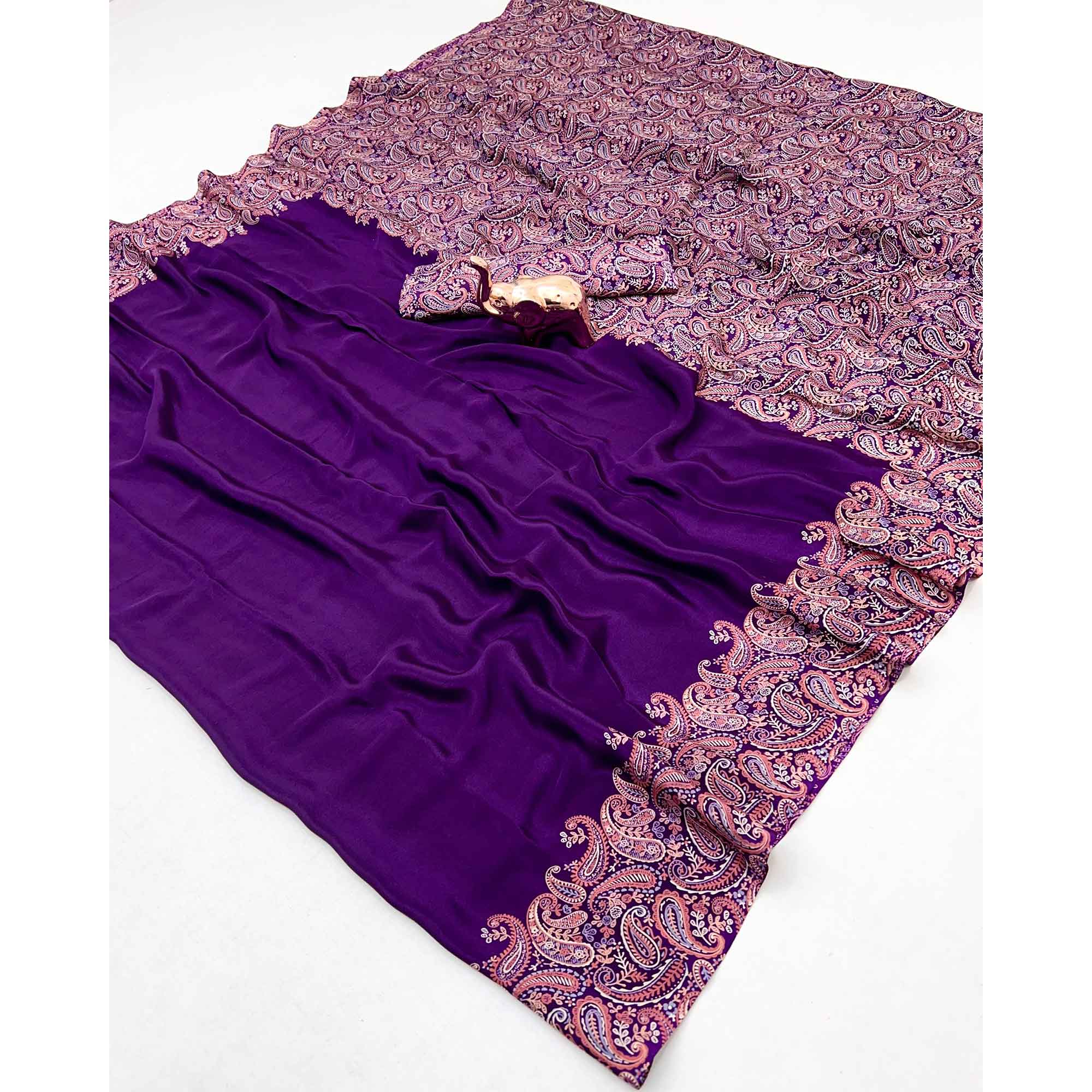 Classic Purple Satin Saree Featuring Traditional Ajrakh Paisley Printed Pattern - Image 3