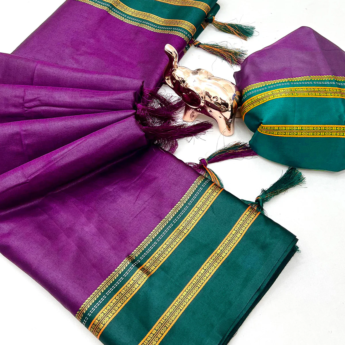Classic Purple Solid Weaving Pure Silk Saree Accented With Woven Striped Pallu & Tassel Finish - Image 2