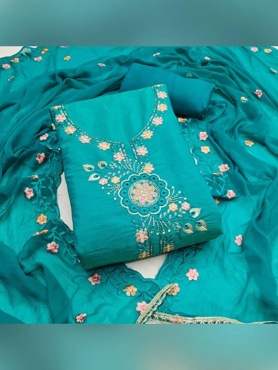 Classic Rama Blue Floral Embroidered Viscose Dress Material With Graceful Handcrafted Finishing - Image 3