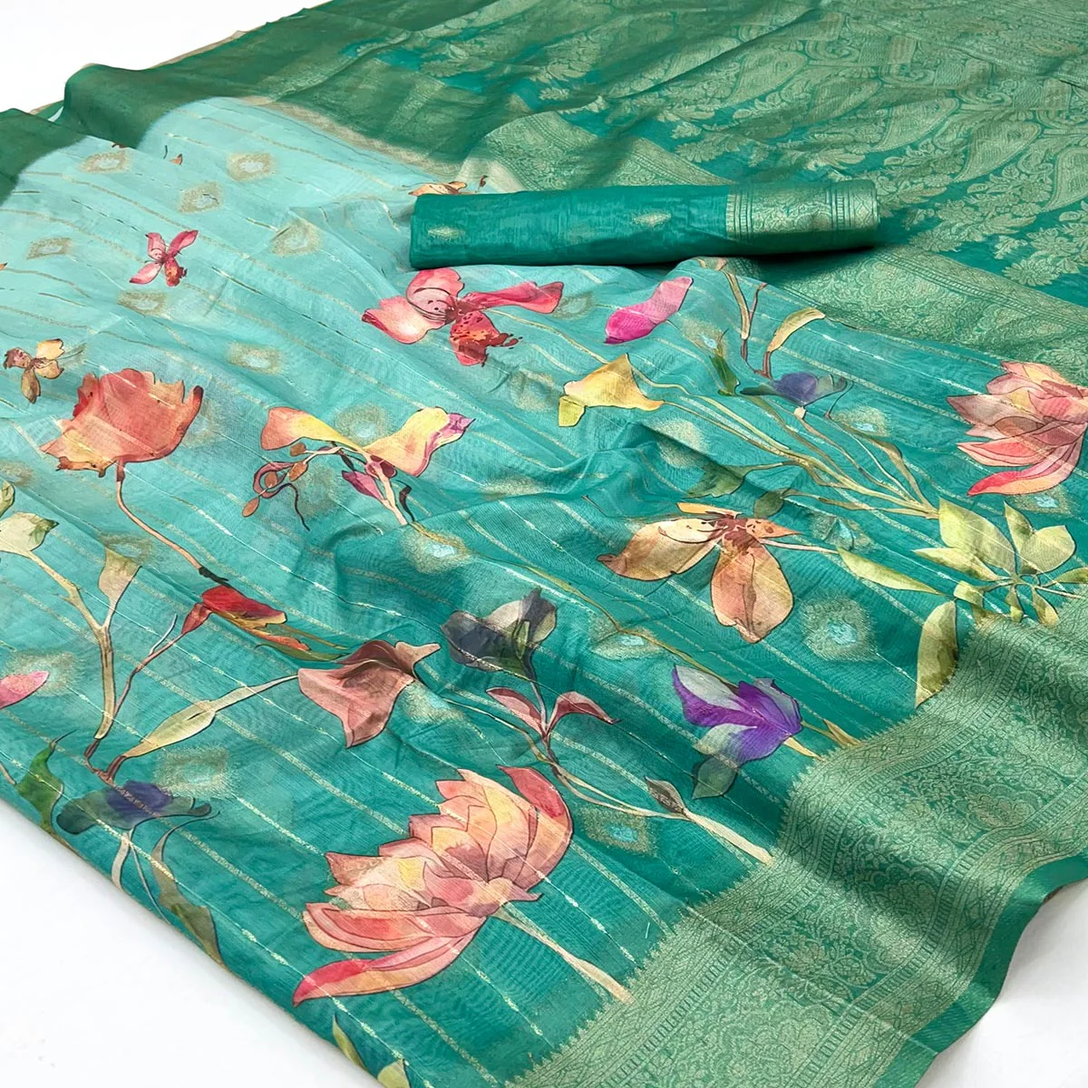 Classic Rama Green Floral Weaving & Digital Print Silk Blend Saree Accented With Tassel Pallu - Image 2
