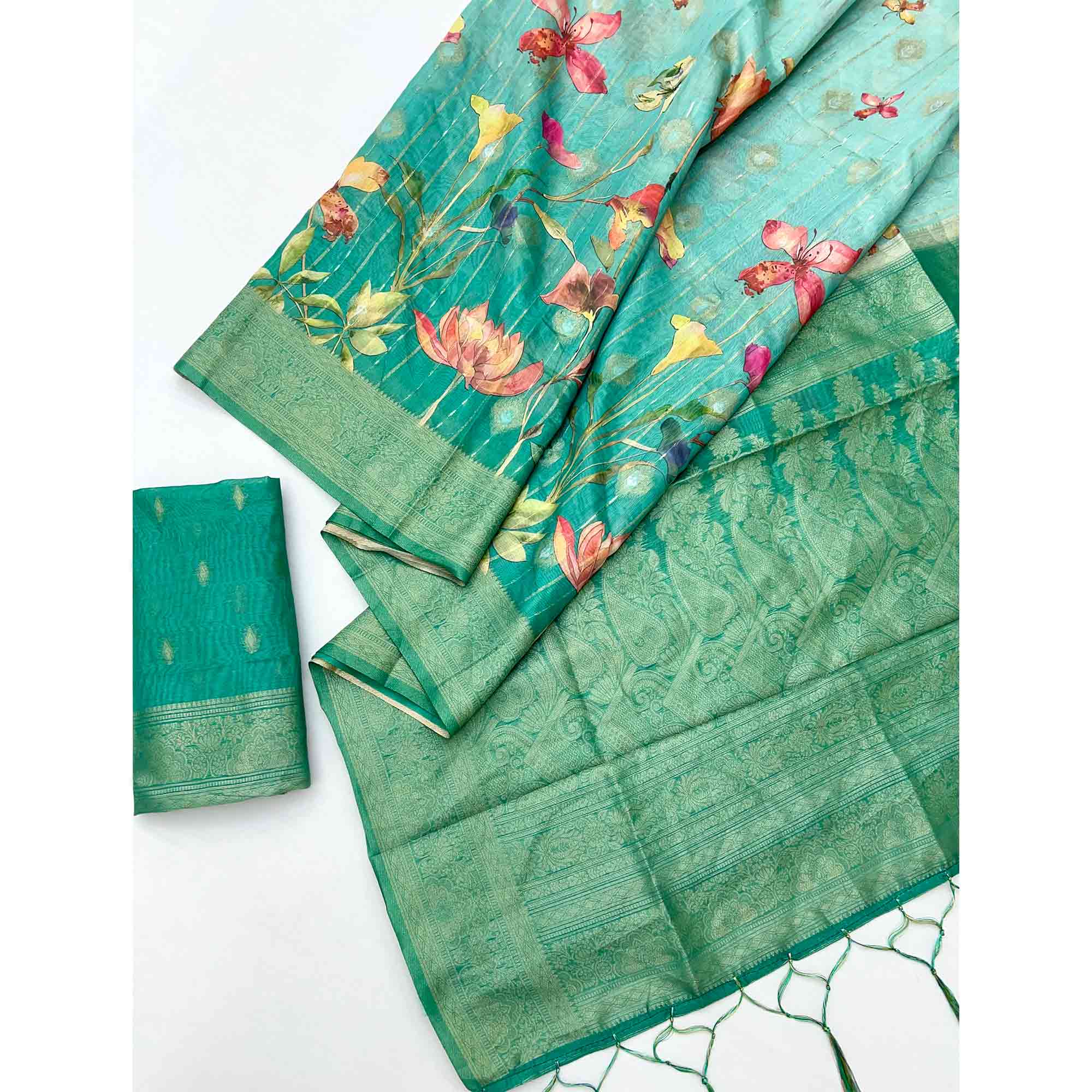 Classic Rama Green Floral Weaving & Digital Print Silk Blend Saree Accented With Tassel Pallu - Image 3