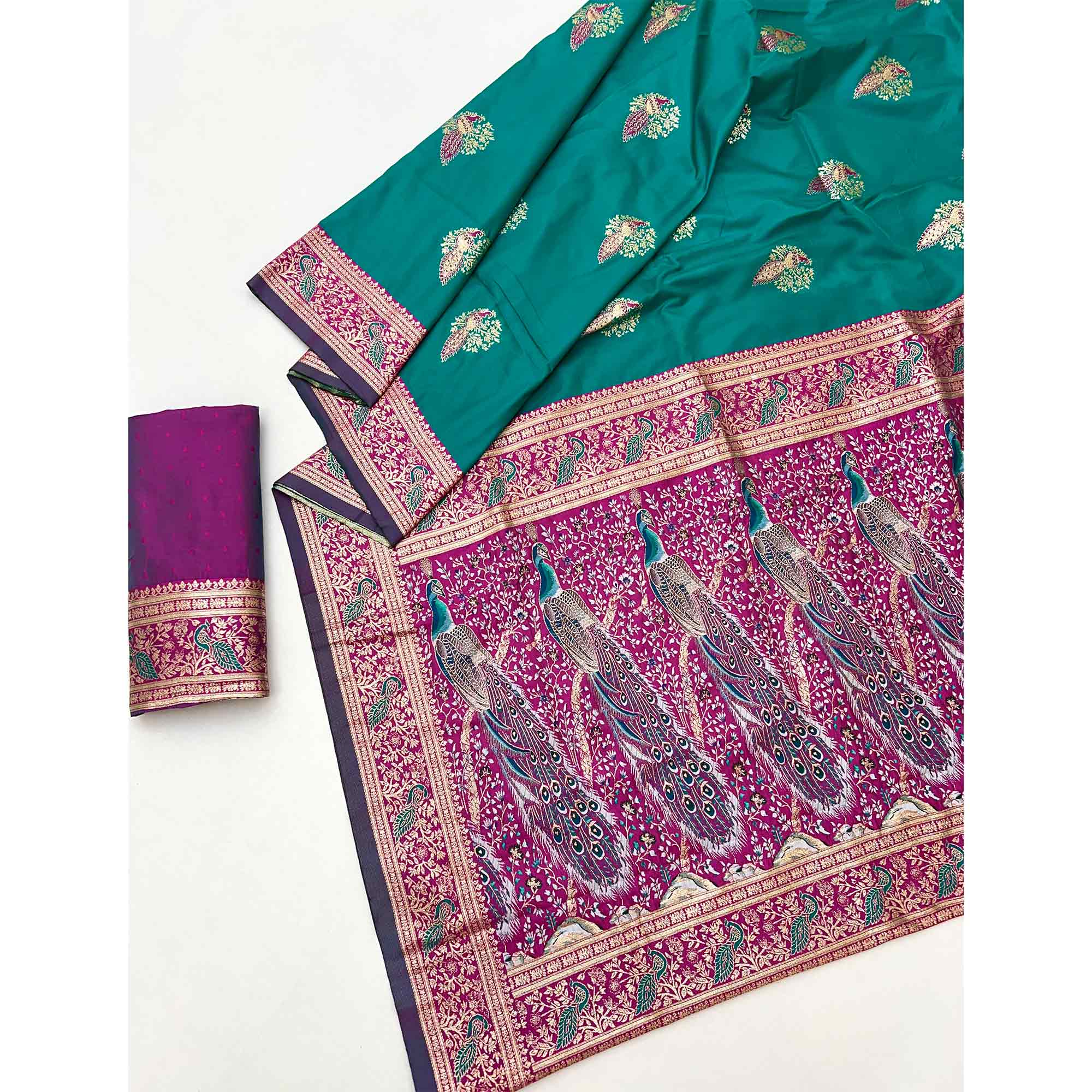 Classic Rama Green Silk Blend Saree With Ornate Peacock & Floral Zari Woven Motifs - Image 3