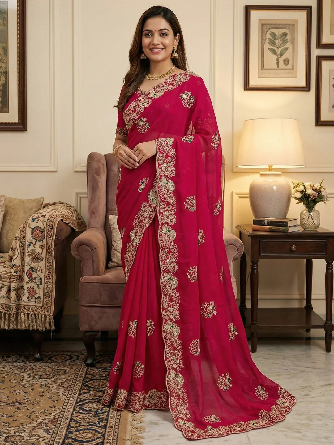Classic Rani Pink Floral Design Georgette Saree Featuring Fine Cording Embroidery & Sequins Work