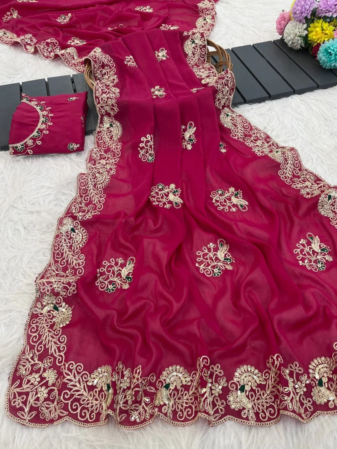 Classic Rani Pink Floral Design Georgette Saree Featuring Fine Cording Embroidery & Sequins Work - Image 2