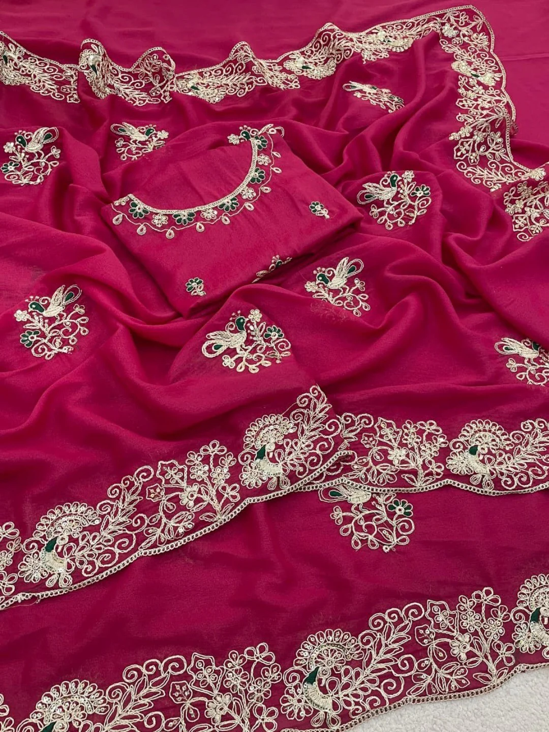 Classic Rani Pink Floral Design Georgette Saree Featuring Fine Cording Embroidery & Sequins Work - Image 5