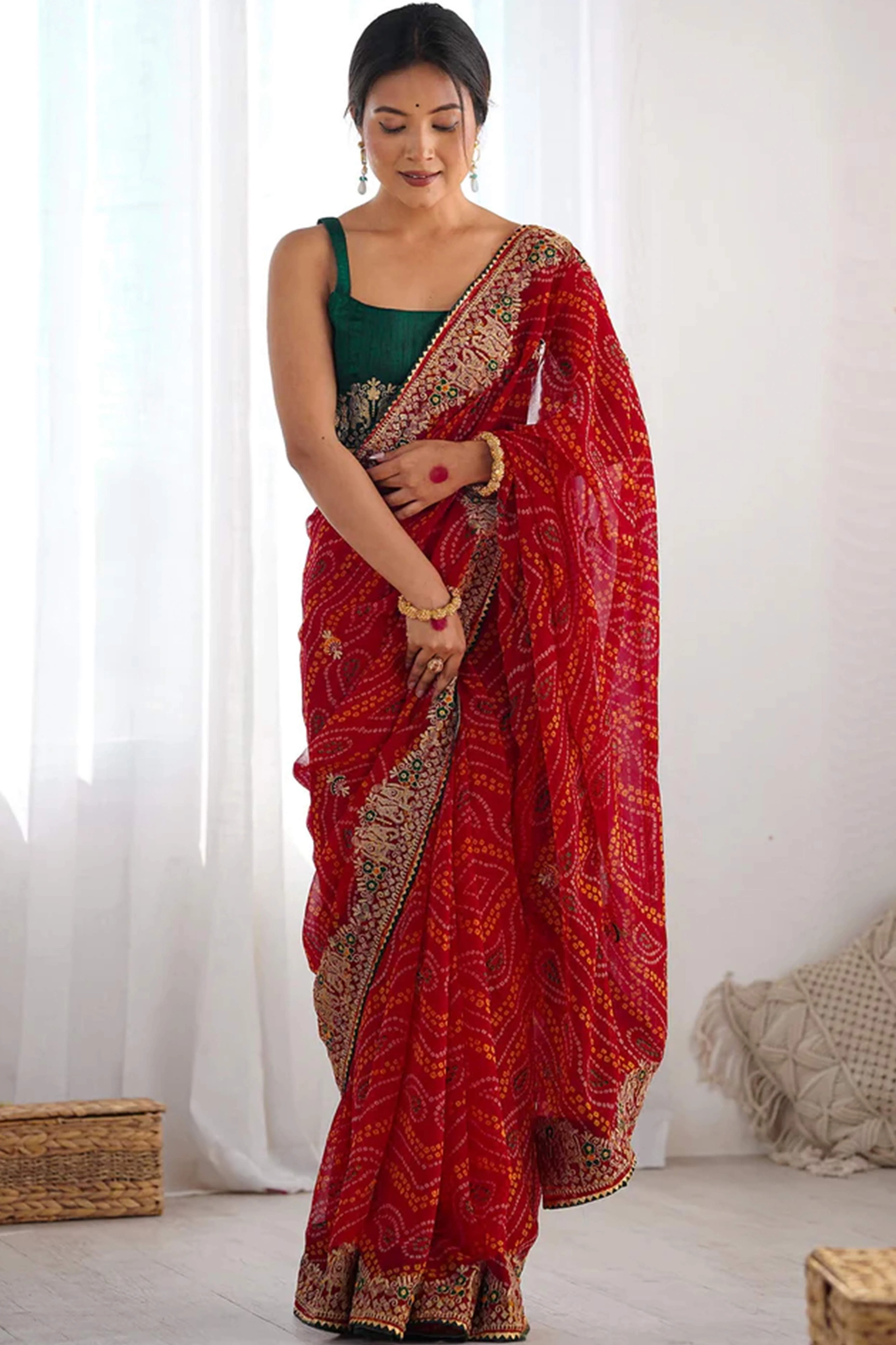 Classic Red Bandhani Print Georgette Saree Enhanced With Intricate Zari Embroidered Border Detailing - Image 3