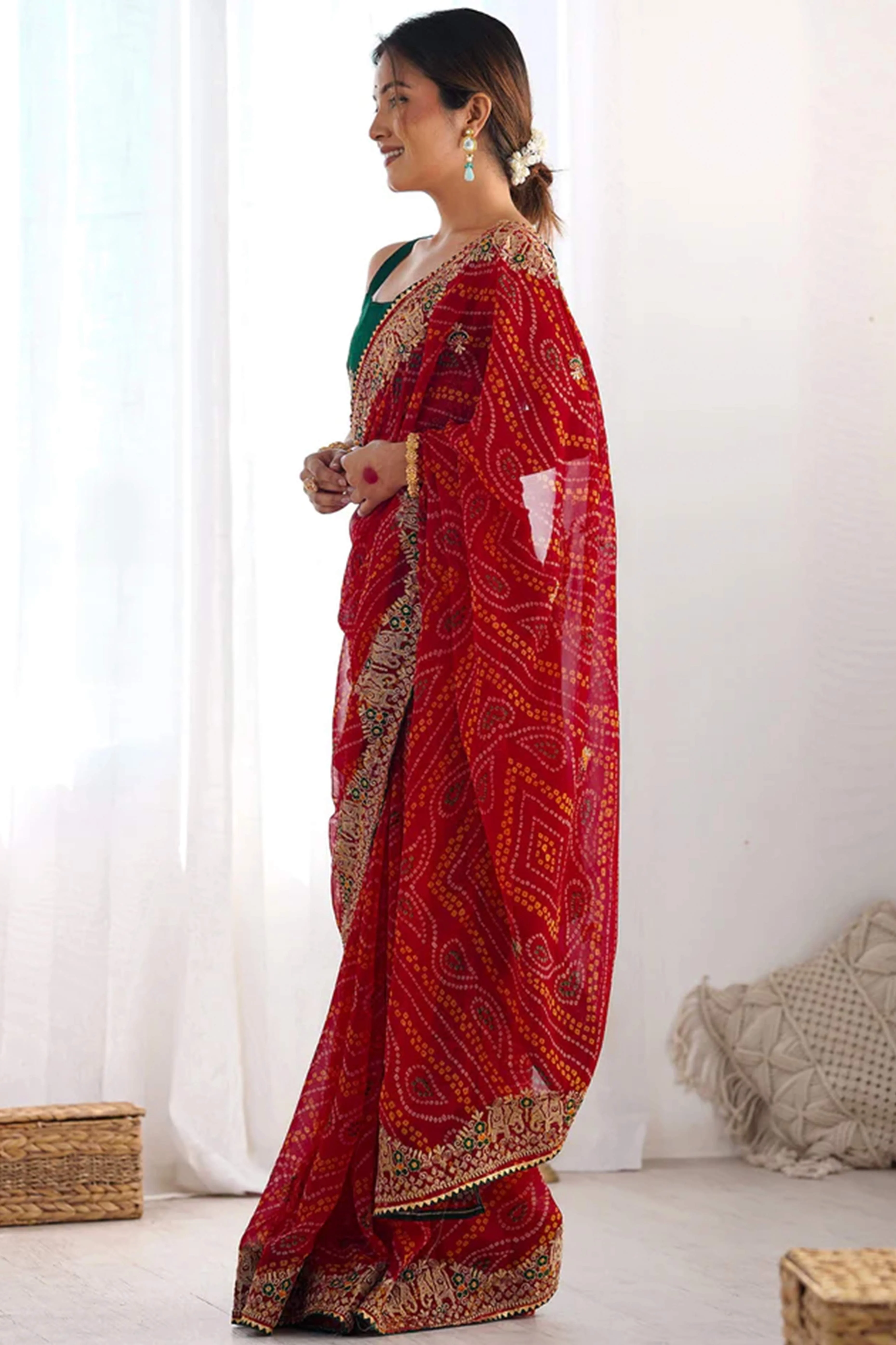 Classic Red Bandhani Print Georgette Saree Enhanced With Intricate Zari Embroidered Border Detailing - Image 4