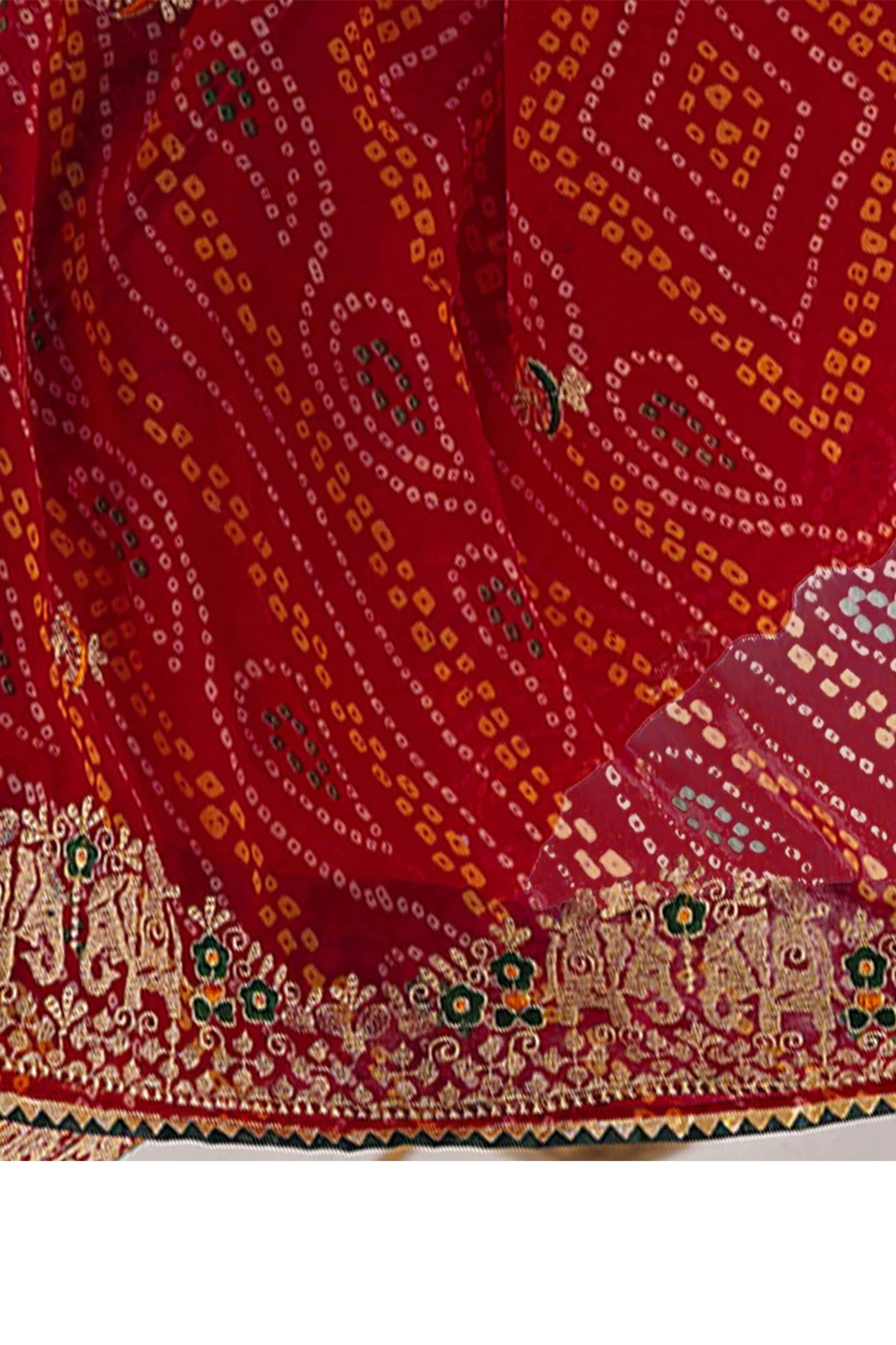 Classic Red Bandhani Print Georgette Saree Enhanced With Intricate Zari Embroidered Border Detailing - Image 7