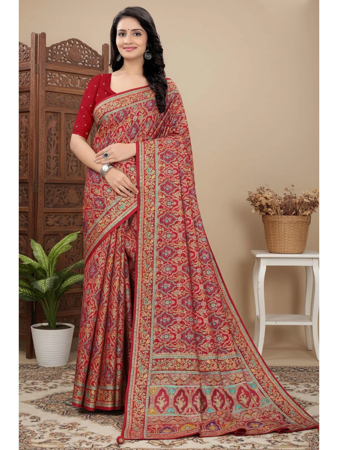 Classic Red Pure Dola Viscose Saree Featuring Refined Position Printing