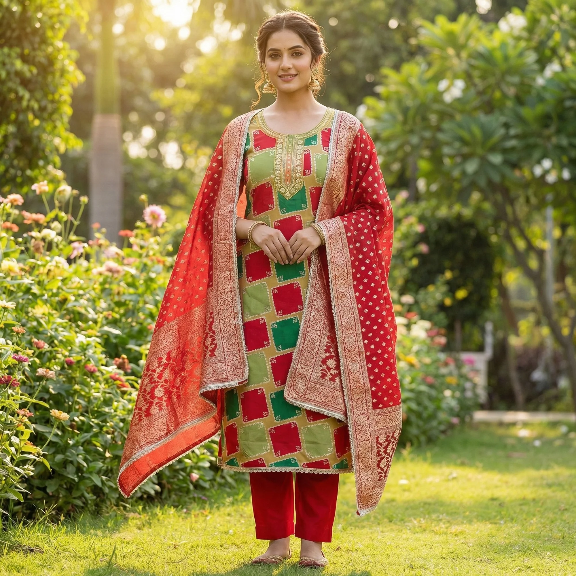 Classic Red Sequins Embroidered Cotton Silk Dress Material With Digital Print & Moti Handwork