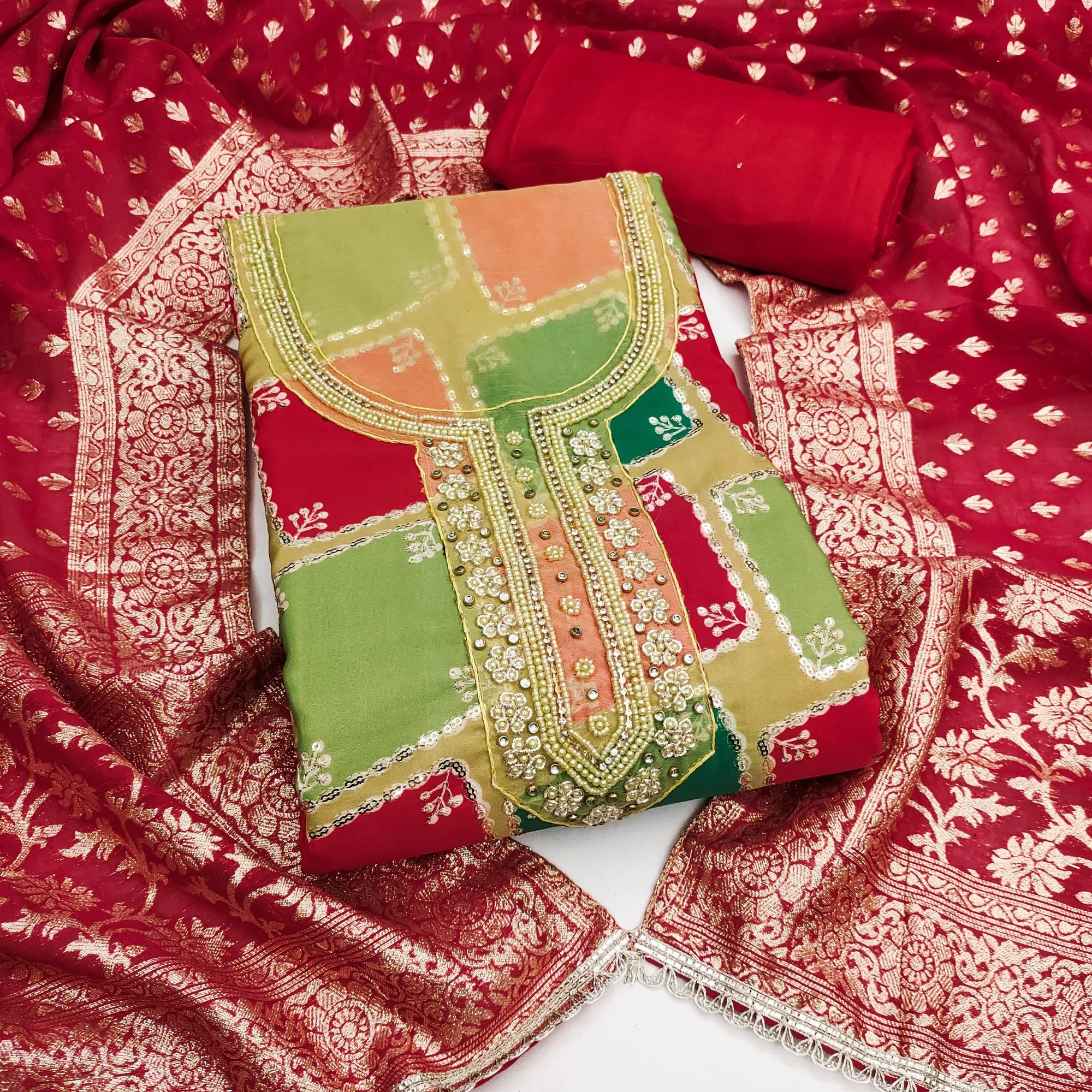Classic Red Sequins Embroidered Cotton Silk Dress Material With Digital Print & Moti Handwork - Image 2