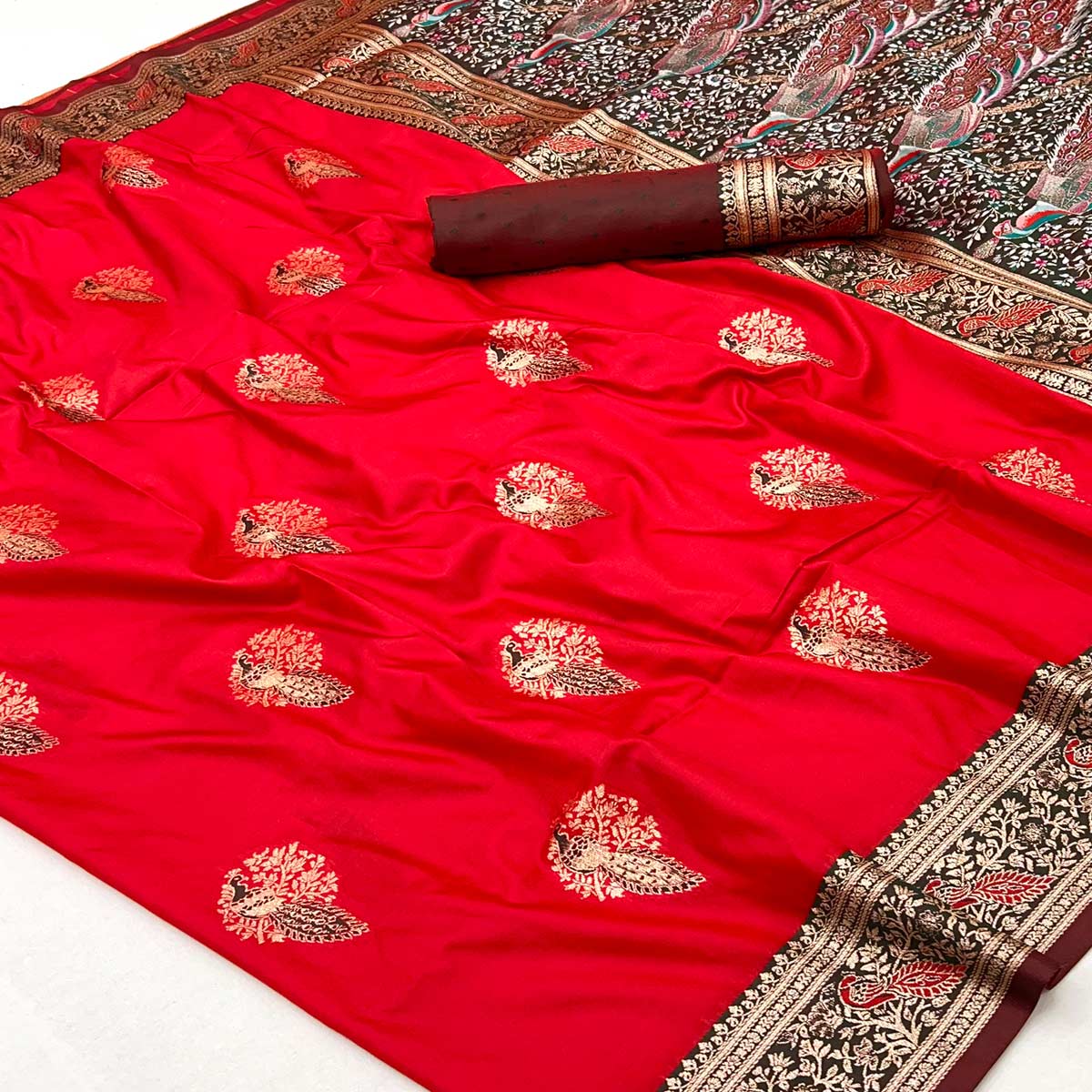 Classic Red Silk Blend Saree With Ornate Peacock & Floral Zari Woven Motifs - Image 2