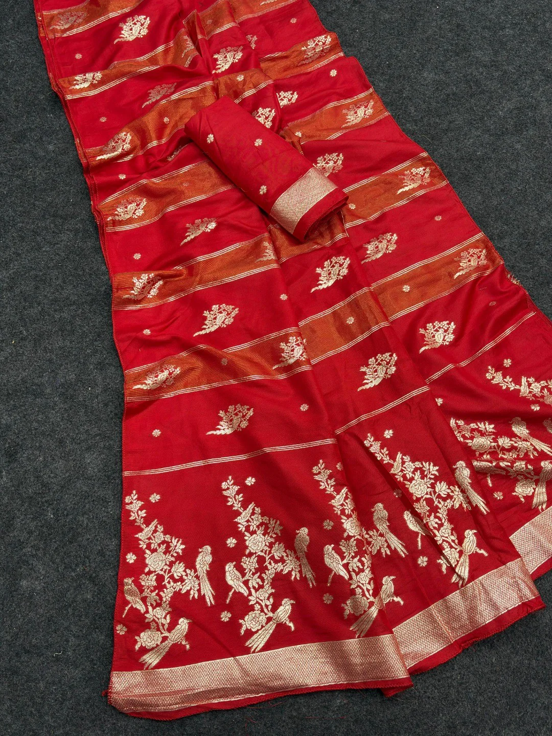 Classic Red Zari Woven Viscose Saree With Graceful Floral & Birds Motif Detailing