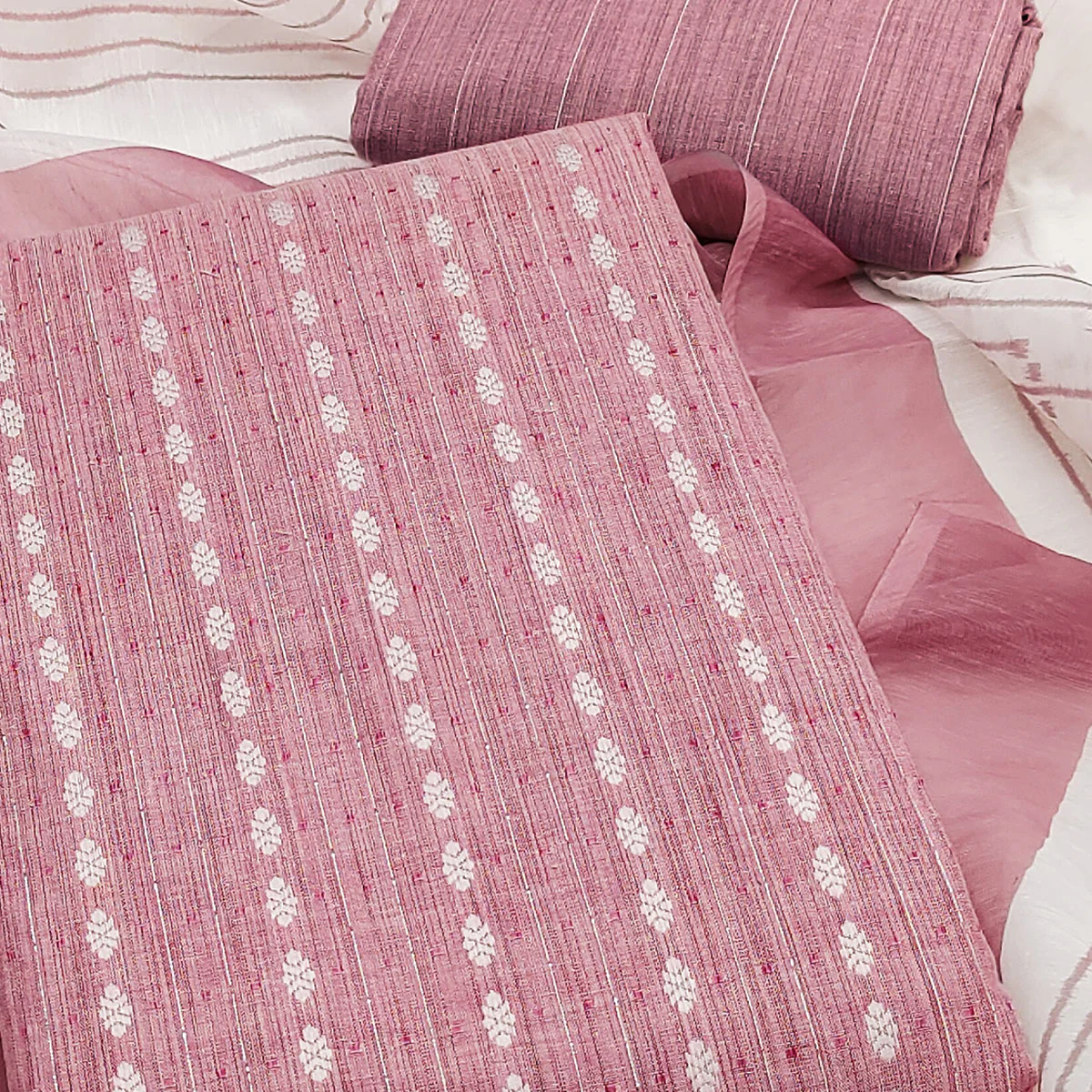 Classic Rose Pink Pure Cotton Dress Material Featuring Intricate Weaving - Image 2