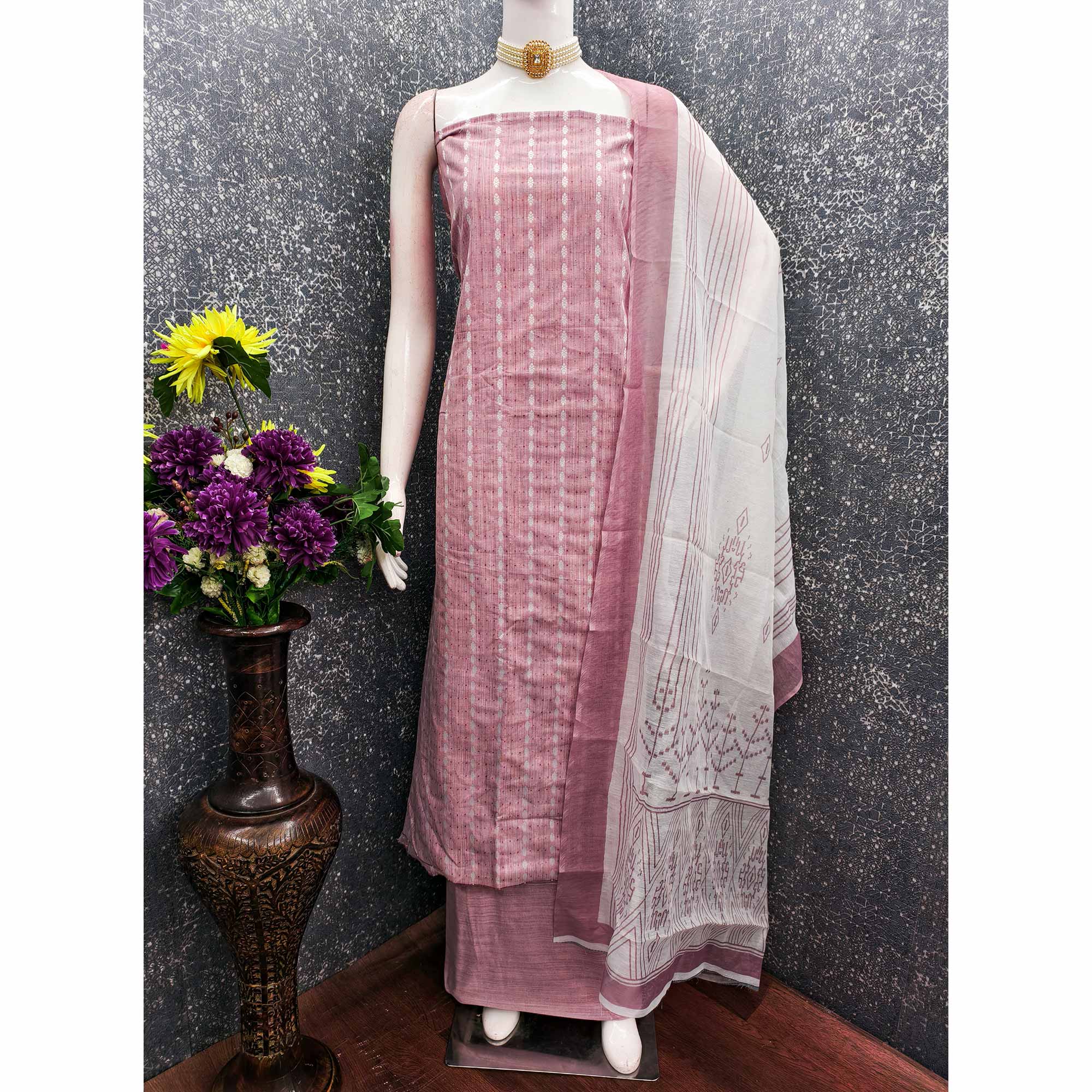 Classic Rose Pink Pure Cotton Dress Material Featuring Intricate Weaving - Image 3