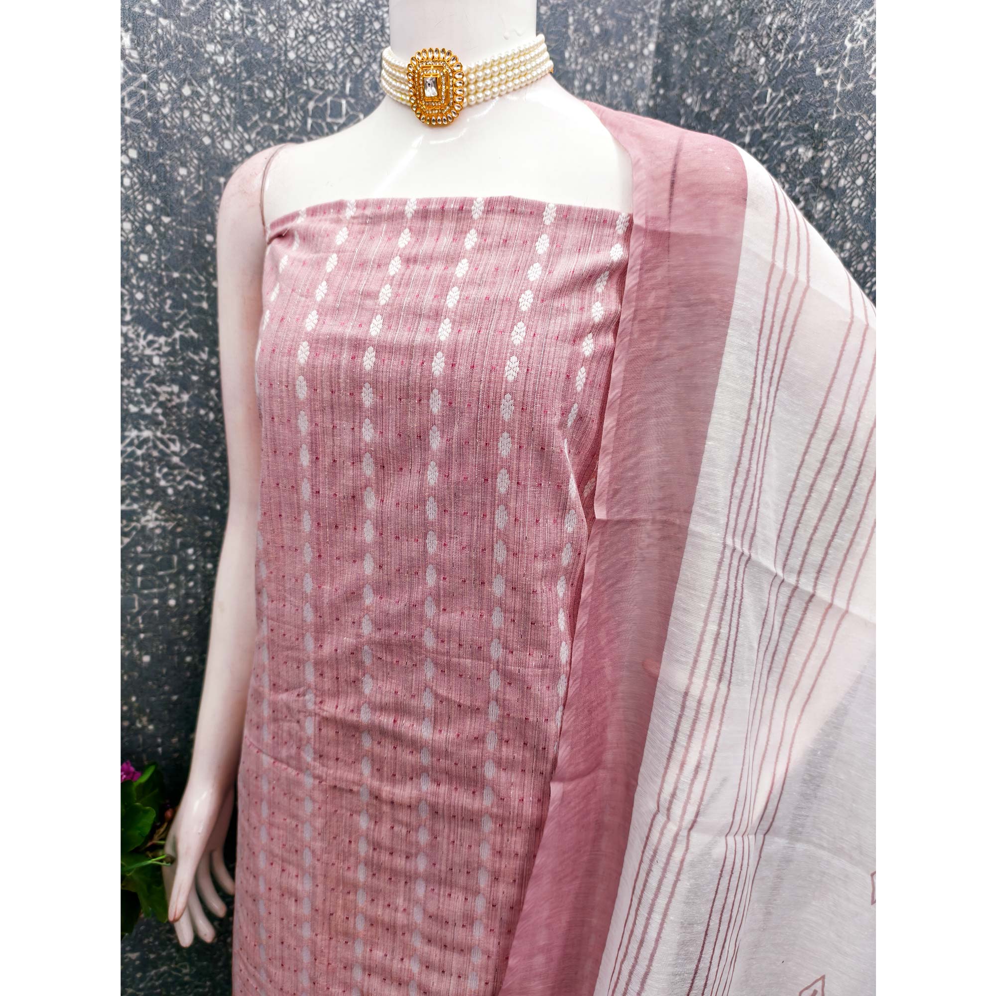 Classic Rose Pink Pure Cotton Dress Material Featuring Intricate Weaving - Image 4