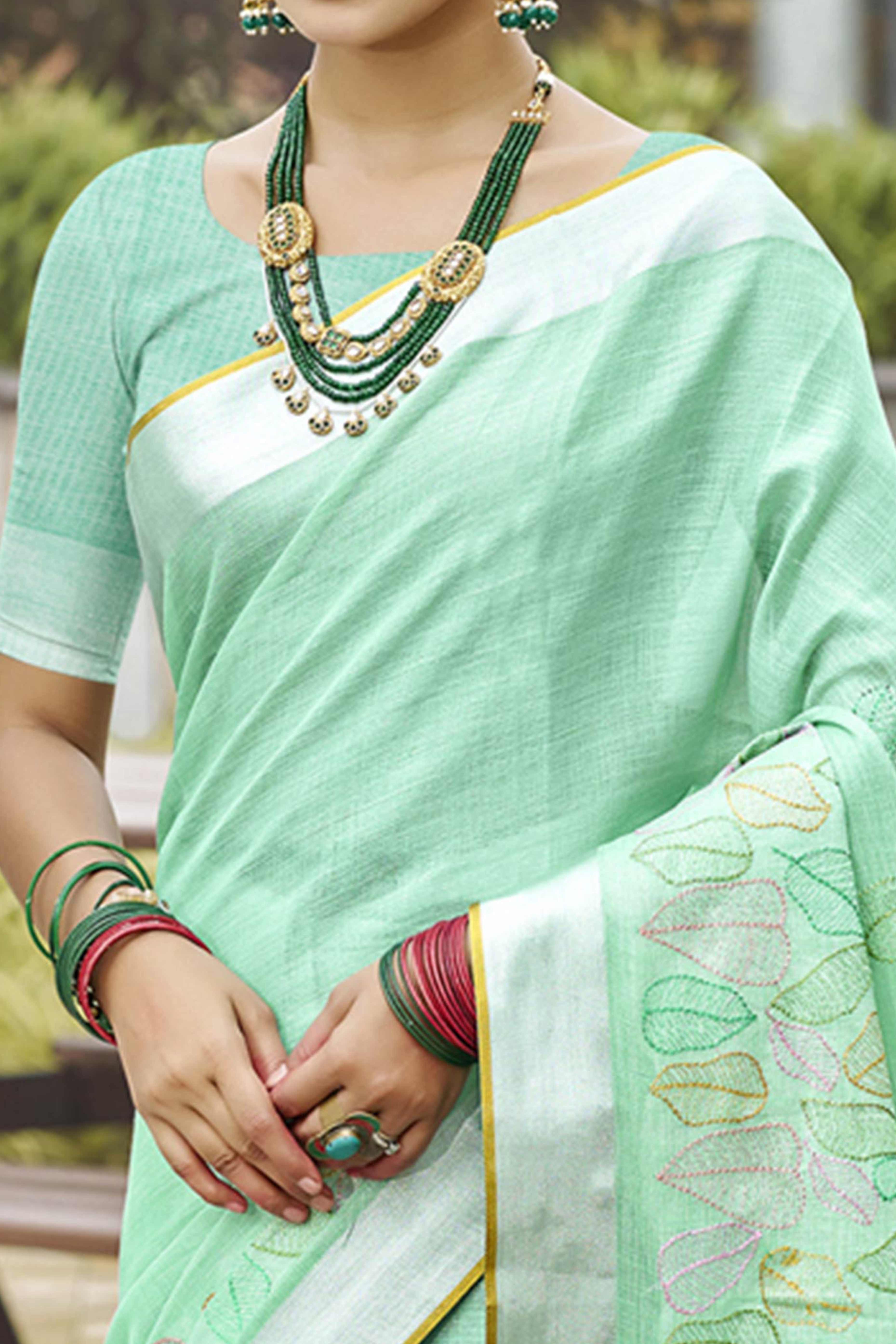 Classic Sea Green Leaf Pattern Thread Embroidery Work Linen Saree With Tassel Pallu - Image 2