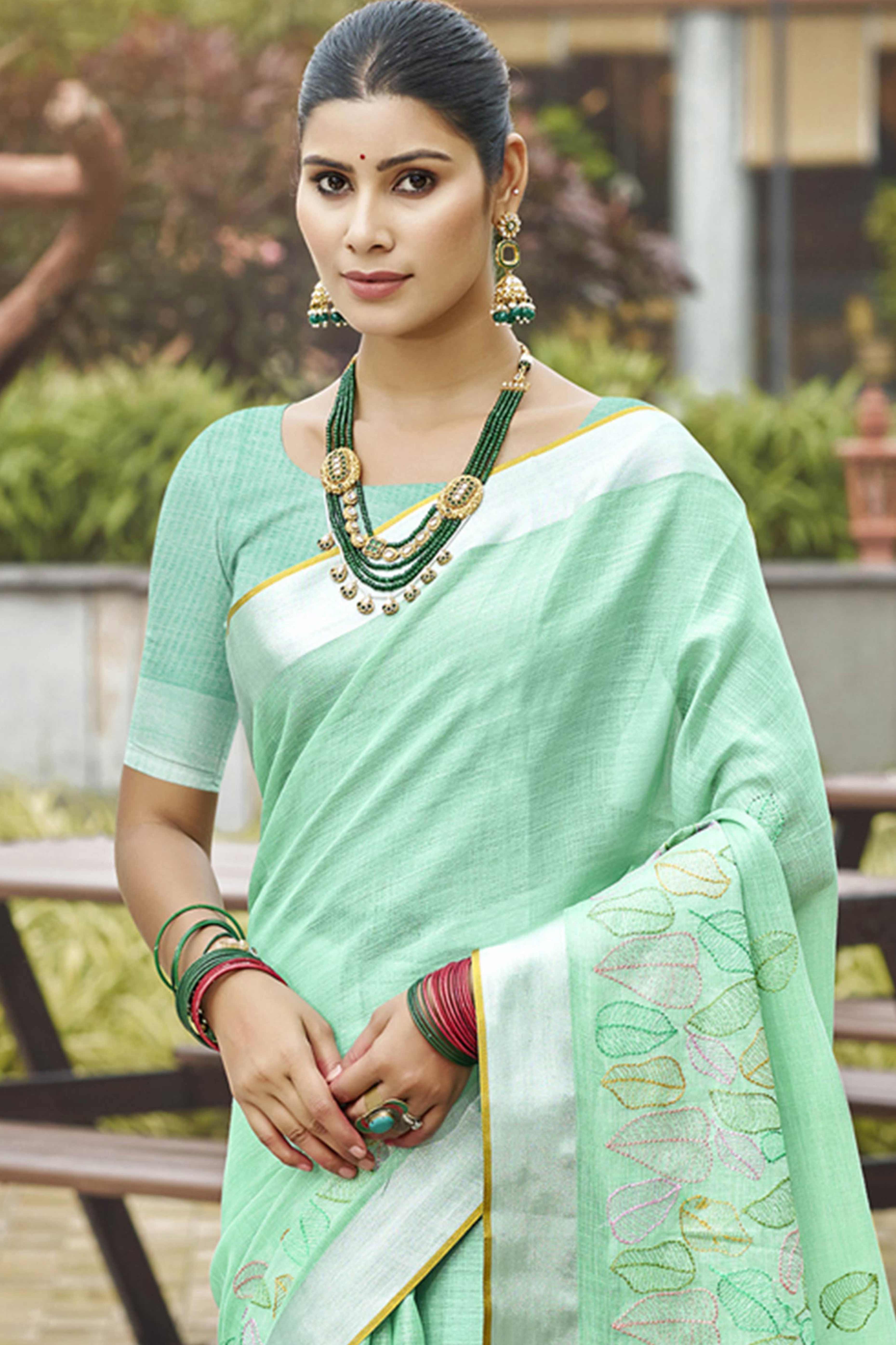 Classic Sea Green Leaf Pattern Thread Embroidery Work Linen Saree With Tassel Pallu - Image 4