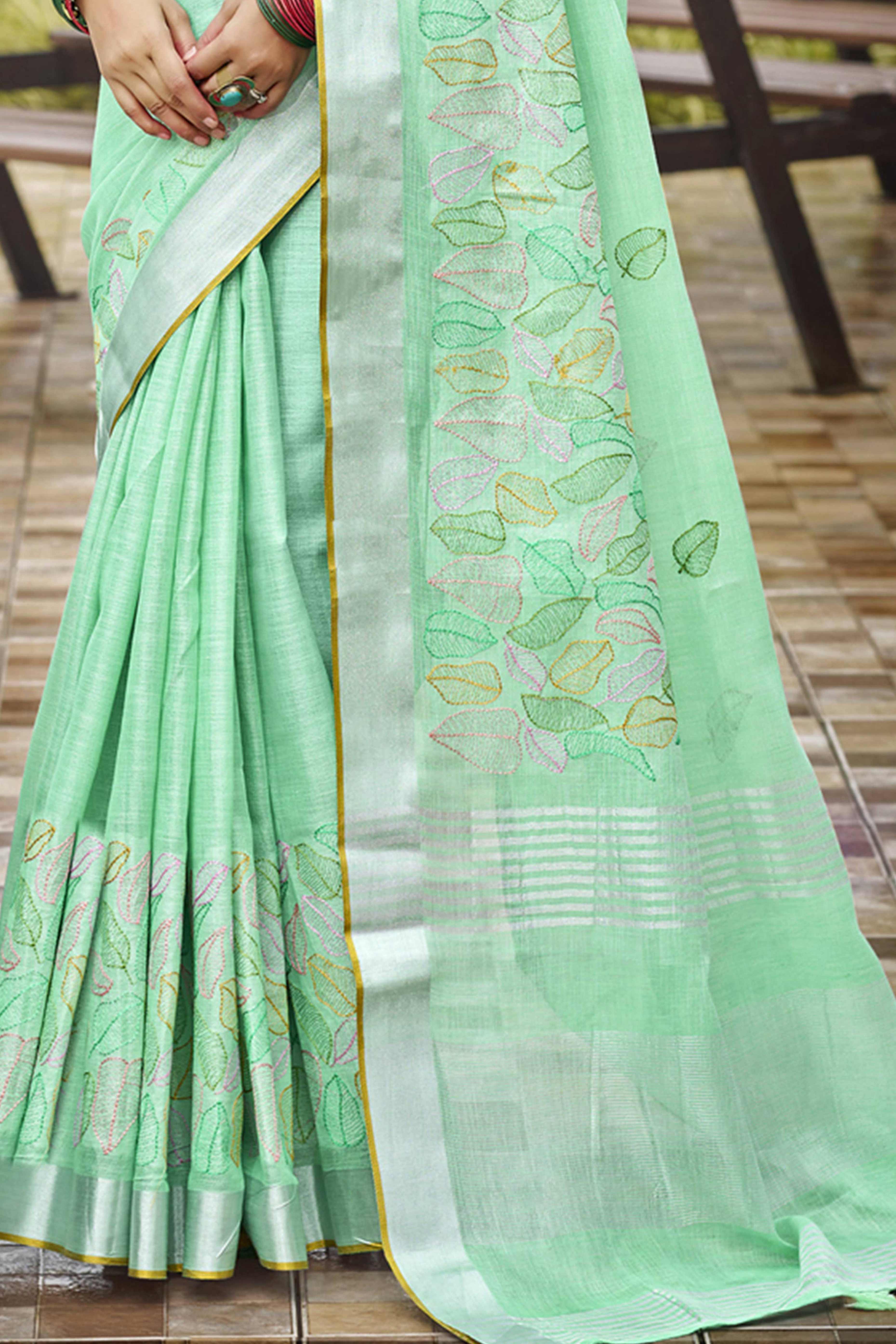 Classic Sea Green Leaf Pattern Thread Embroidery Work Linen Saree With Tassel Pallu - Image 5
