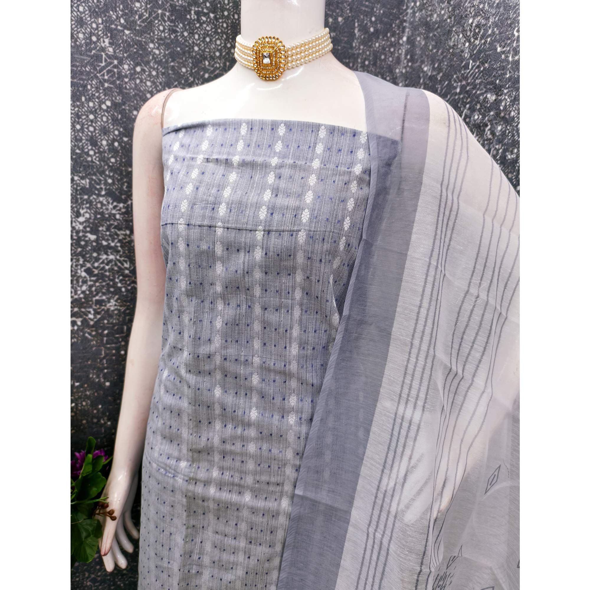 Classic Sky Blue Pure Cotton Dress Material Featuring Intricate Weaving - Image 4