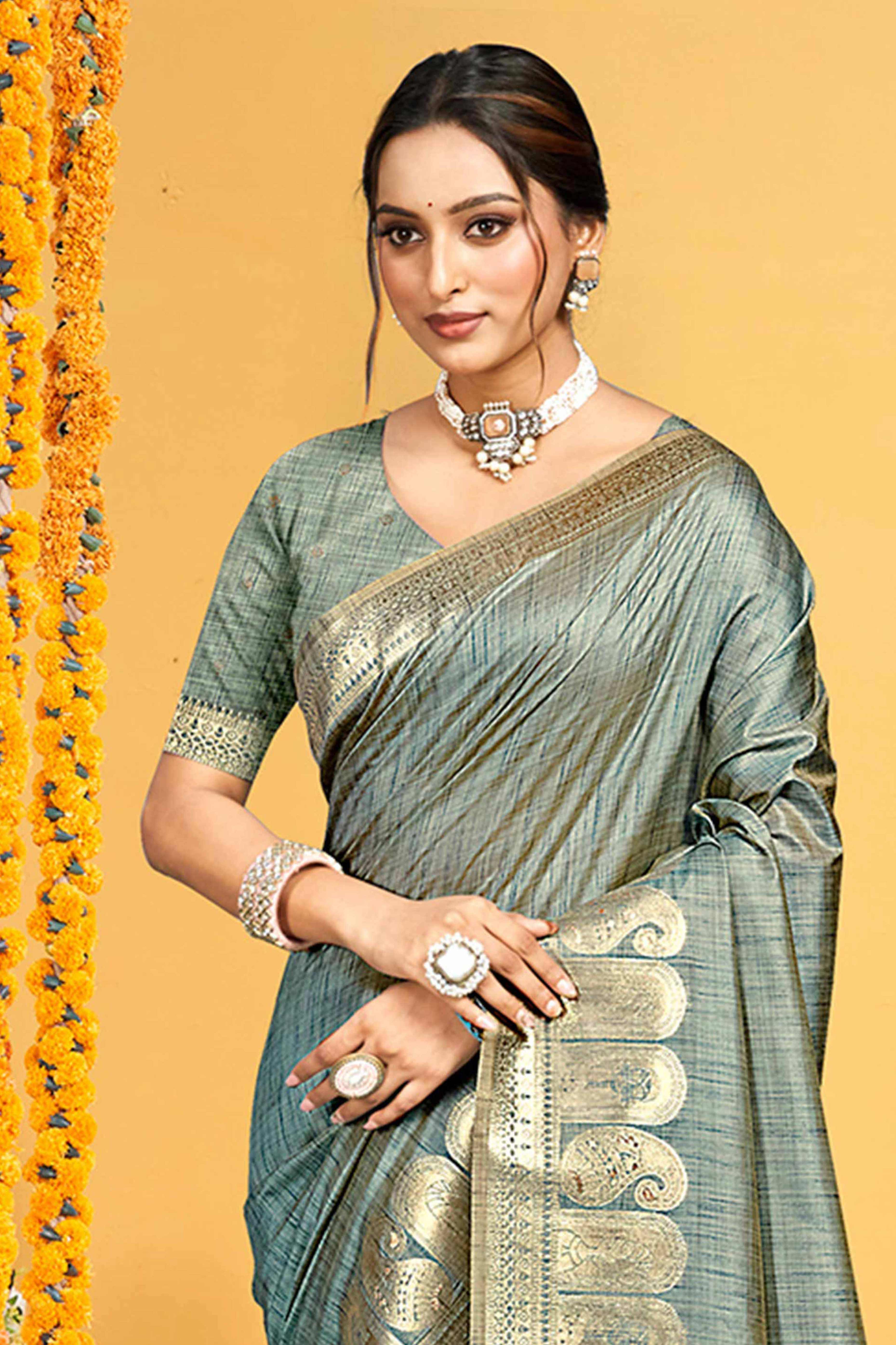 Classic Teal Floral & Paisley Design Weaving Assam Silk Blend Saree With Tassel Pallu - Image 3