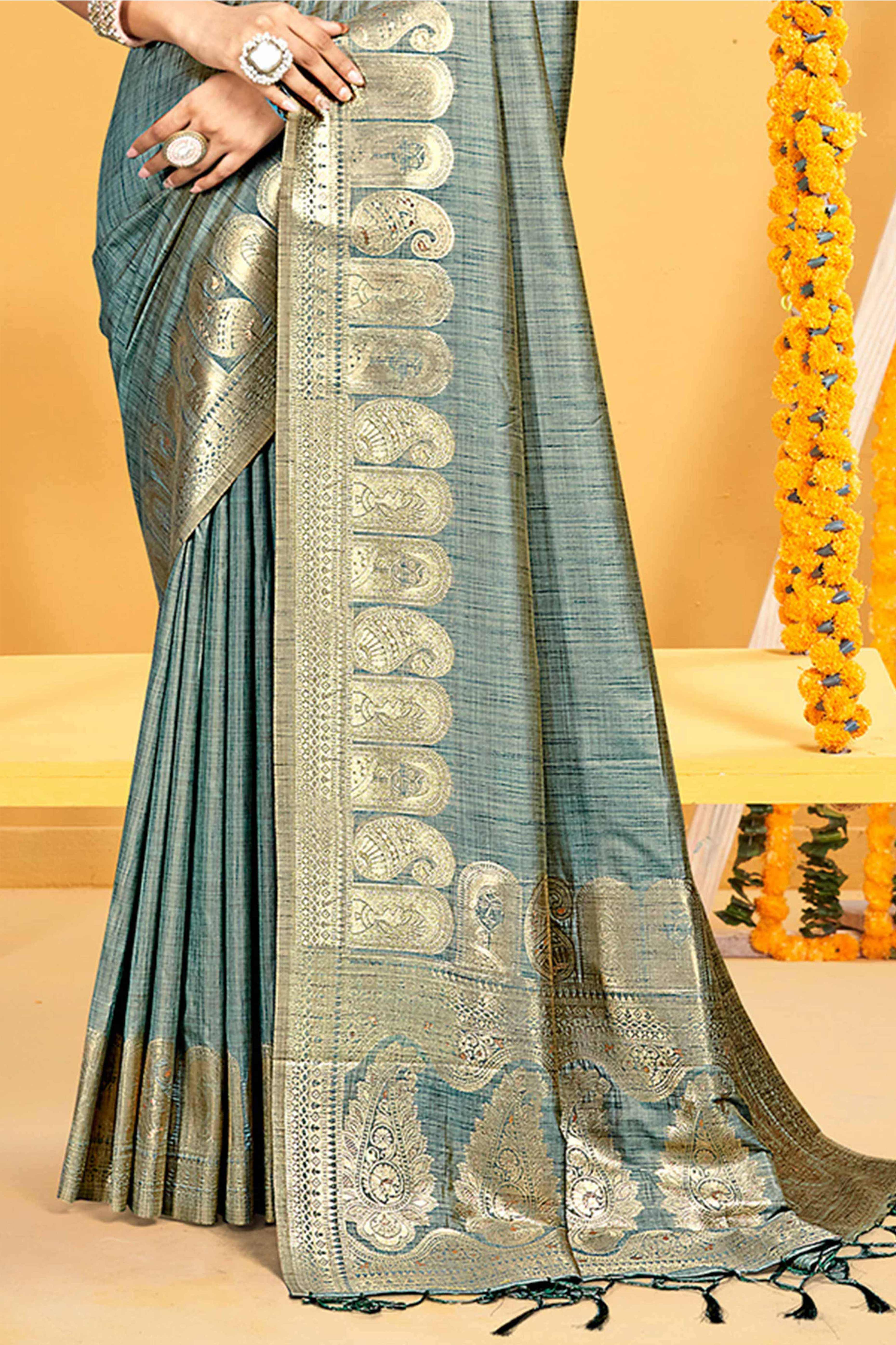 Classic Teal Floral & Paisley Design Weaving Assam Silk Blend Saree With Tassel Pallu - Image 4