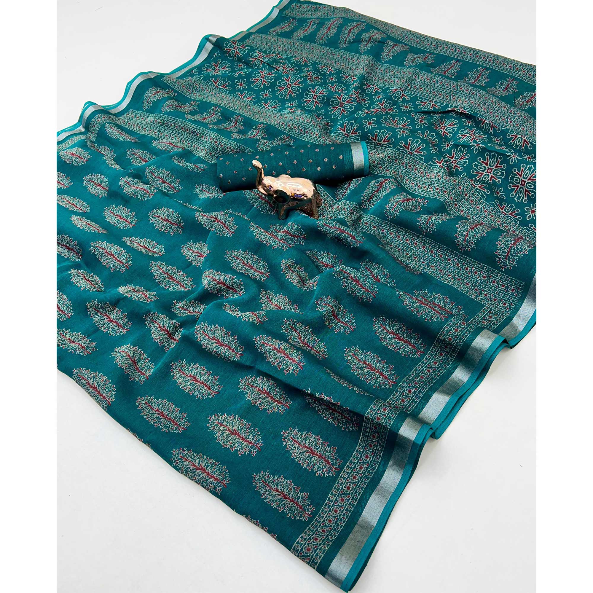 Classic Teal Linen Cotton Saree Featuring Floral Ajrakh Print & Rich Silver Zari Border - Image 3