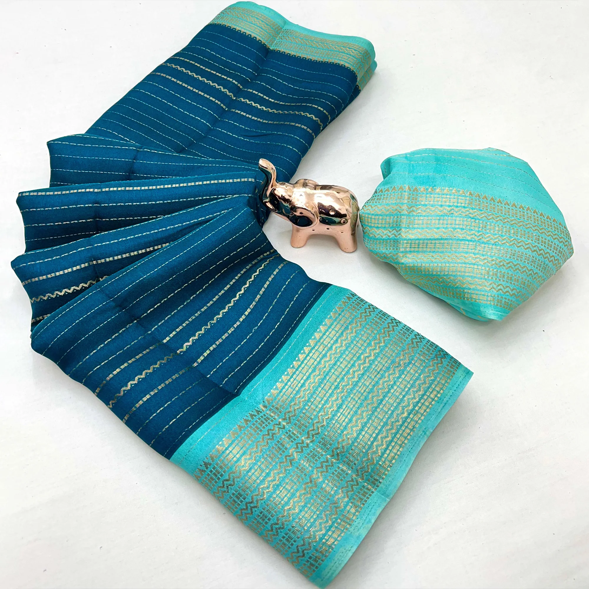 Classic Teal Marshmallow Jacquard Saree Adorned With Refined Striped Zari Weaving Patterns