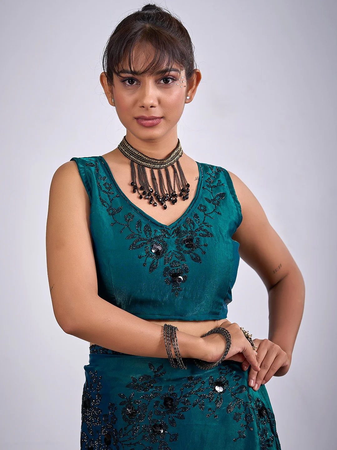 Classic Teal Satin Silk Saree Featuring Stone & Cut Dana Work With Sequin Applic Finish - Image 6