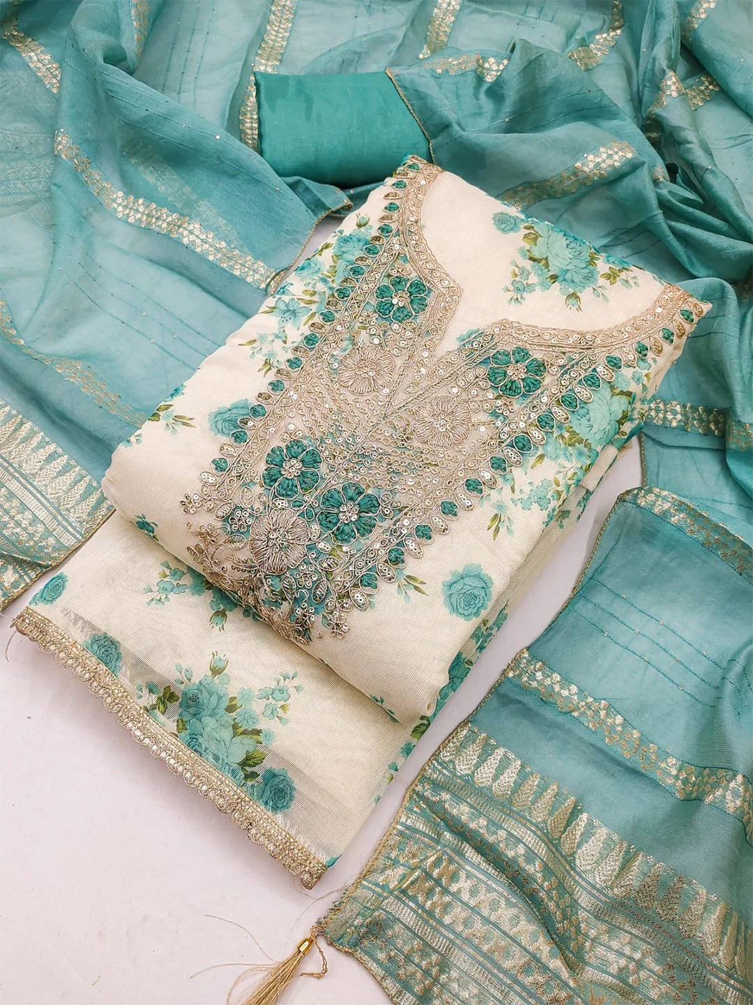 Classic Turquoise Floral Printed With Cording Embroidered Shimmer Dress Material - Image 3