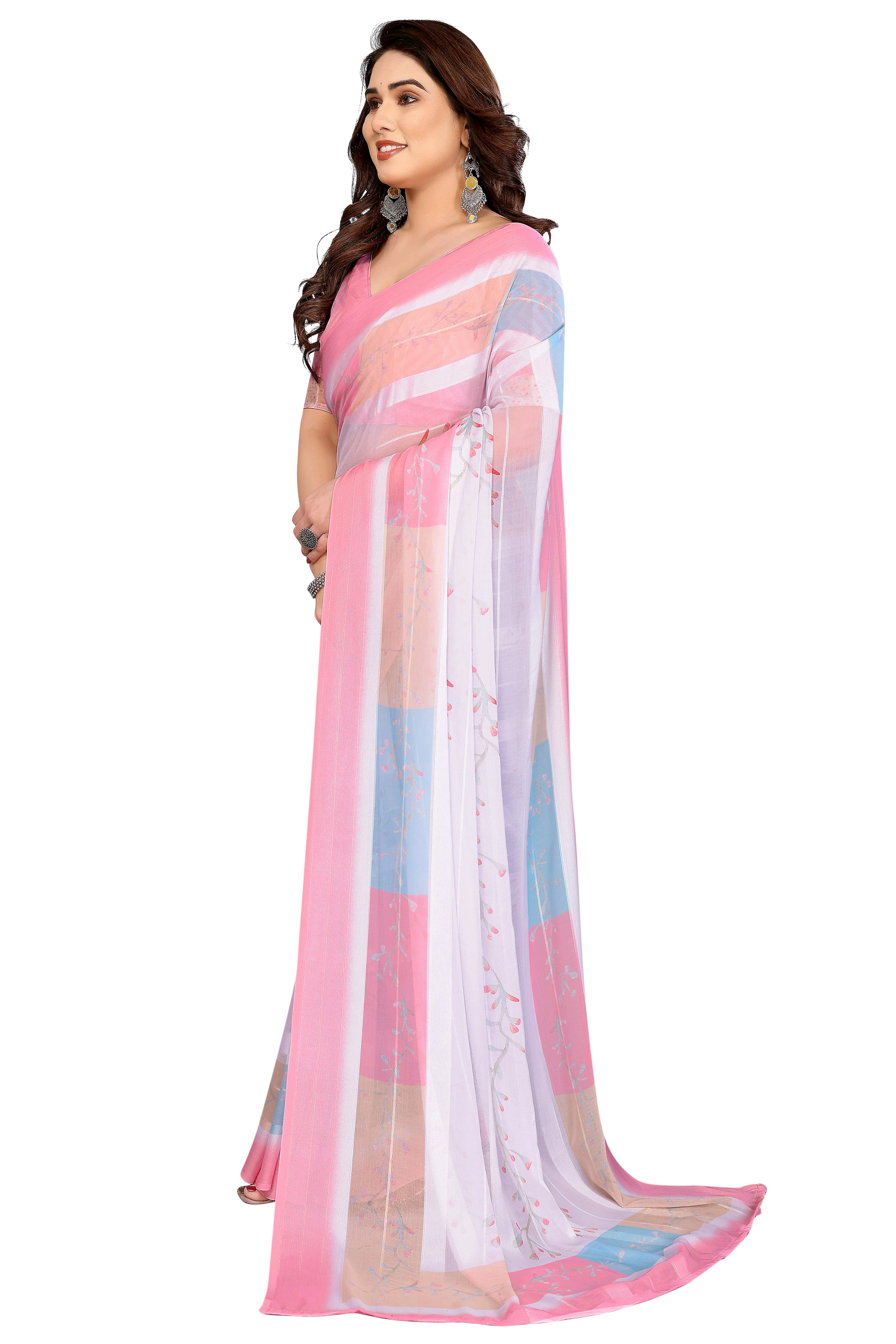 Classic White Floral Digital Print Georgette Saree With Refined Zari & Stylish Striped - Image 3