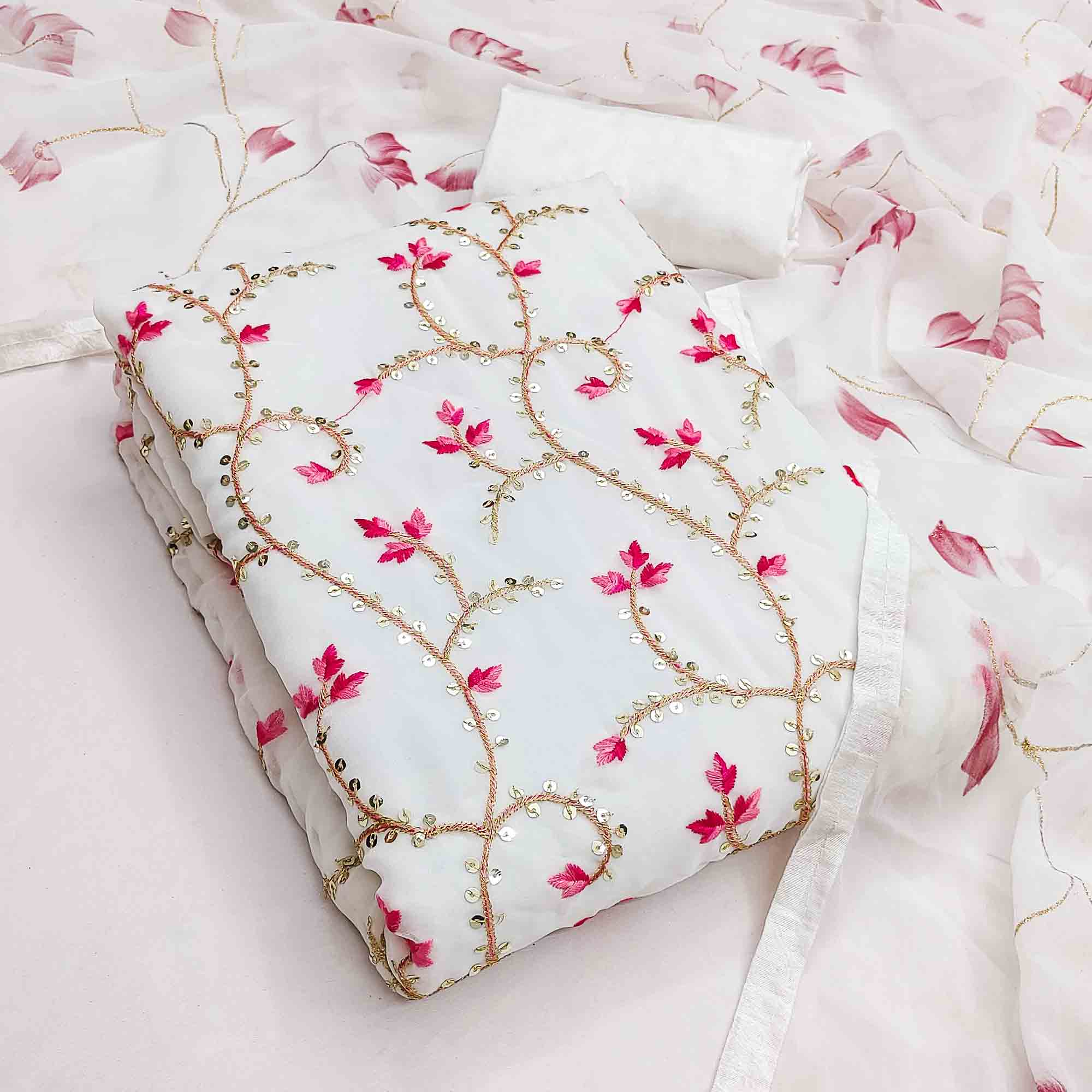 Classic White Georgette Dress Material With Floral Embroidery & Shimmering Sequins Work - Image 3