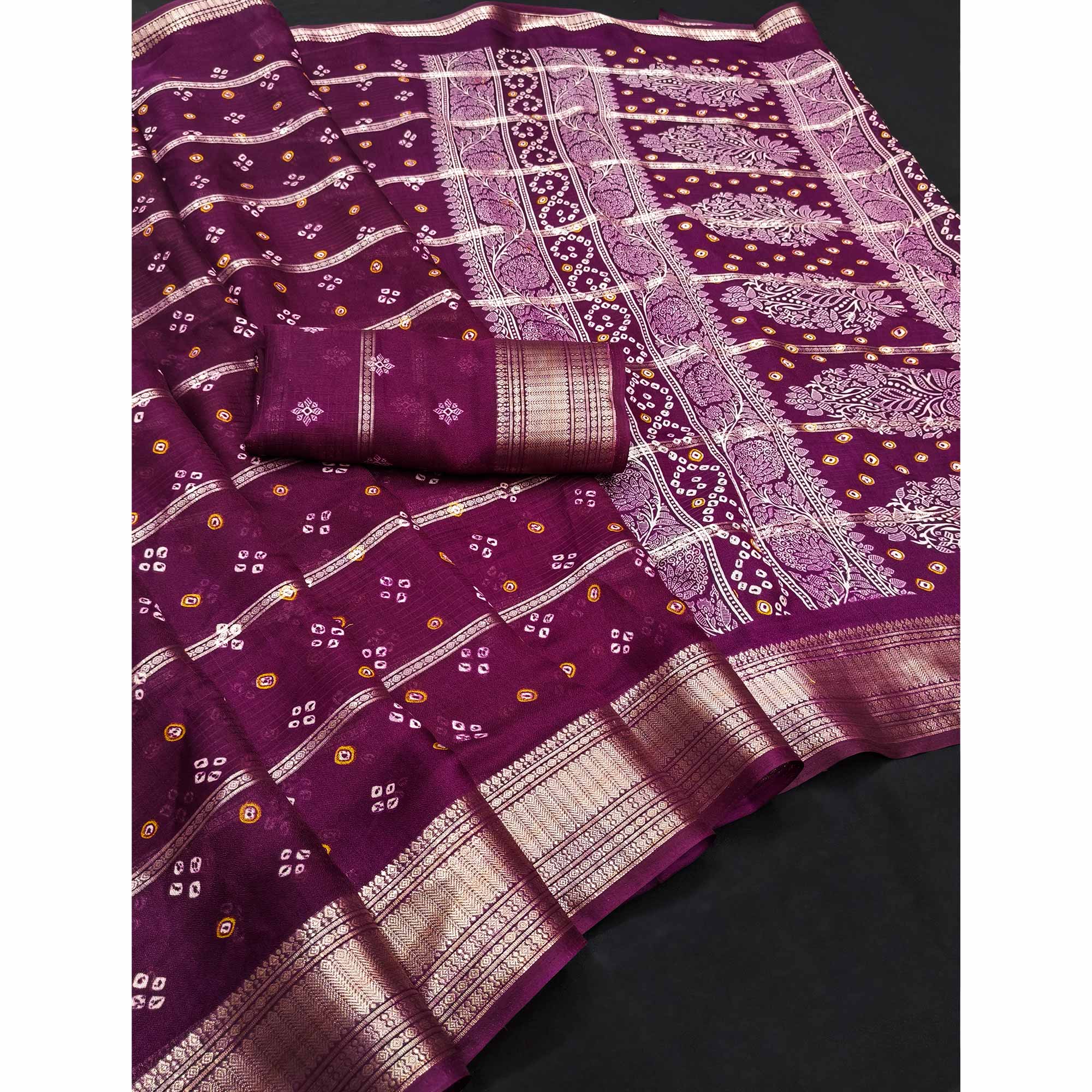 Classic Wine Art Silk Saree With Striped Weaving & Traditional Bandhani Print - Image 3